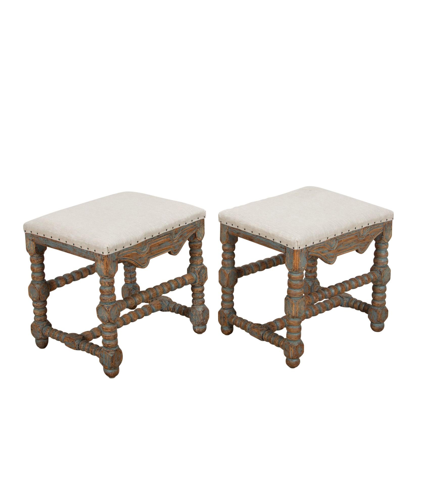 Late 18th Century, period pair of Swedish Baroque stools.
Repainted in soft blue paint and newly upholstered in linen.
Circa 1780.