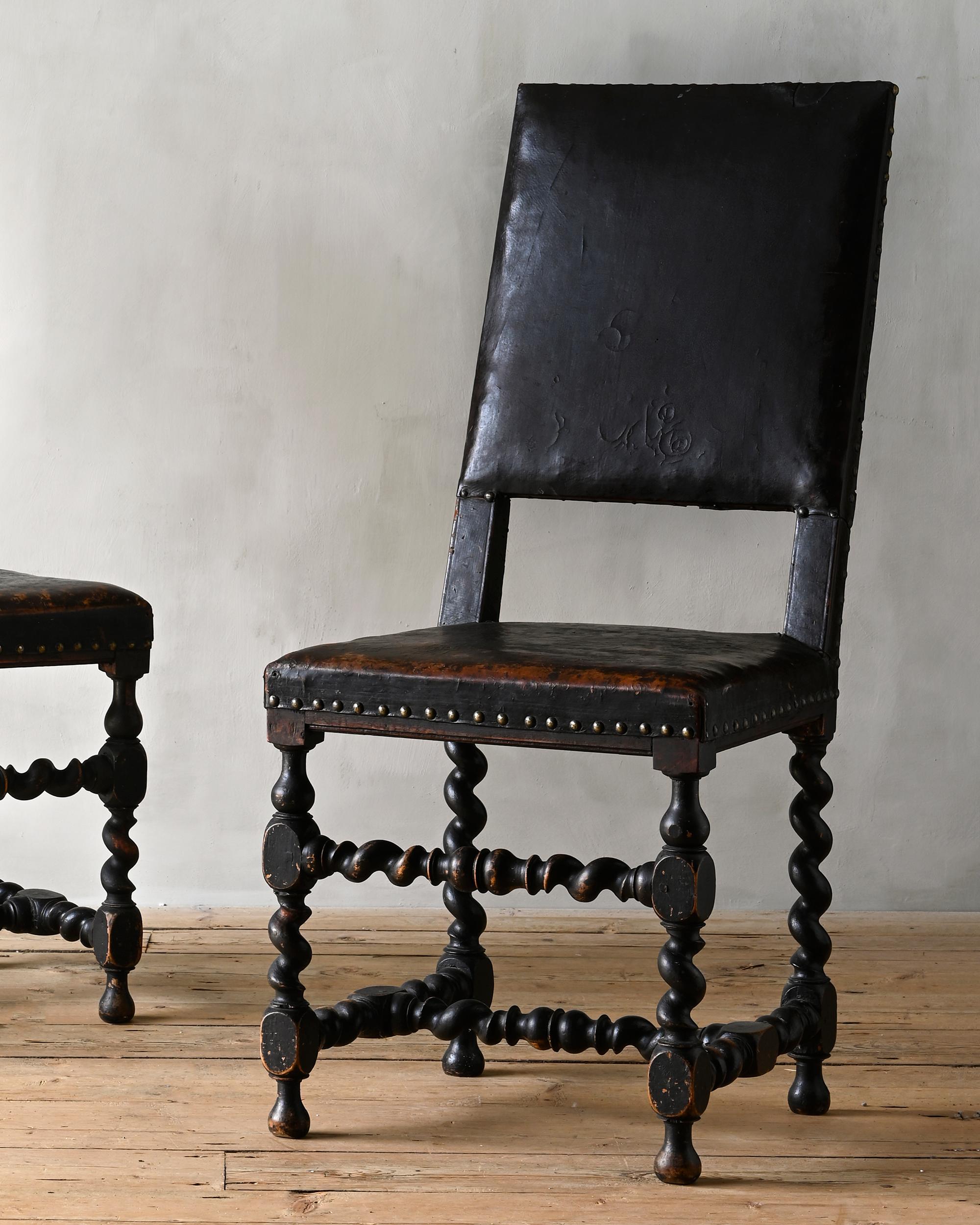 Leather Pair of 18th Century Swedish Baroque Chairs For Sale