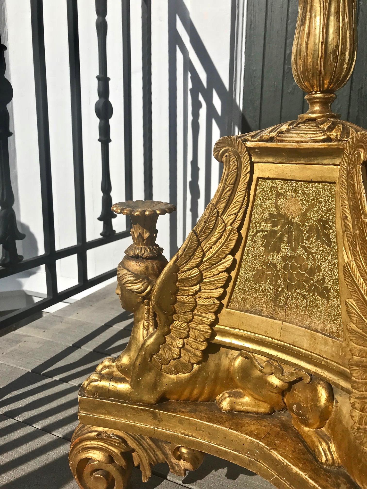 Pair of Gustavian, late 18th century Swedish giltwood neoclassical candelabra or torcheres.

Corner form giltwood candelabra with winged sphinx motif and foliate candleholders. Nile Representation and all original throughout.

Have custom-made