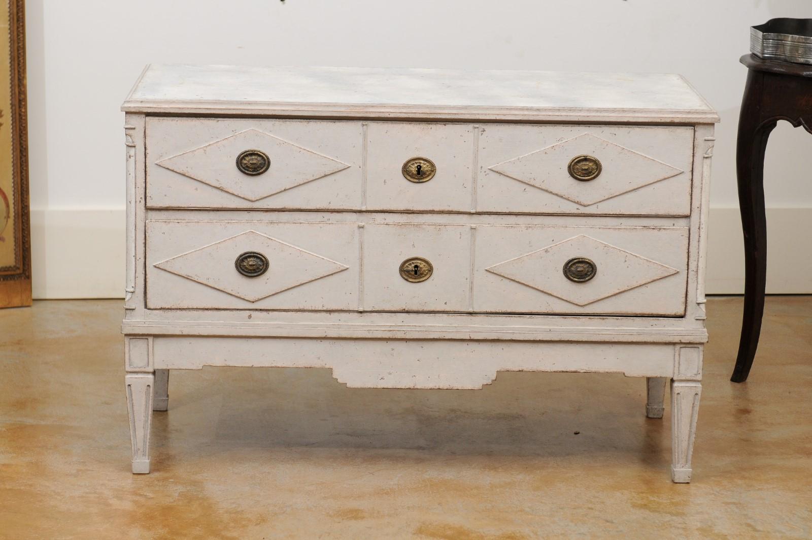 Neoclassical Pair of 18th Century Swedish Painted Wood Two-Drawer Chests with Diamond Motifs