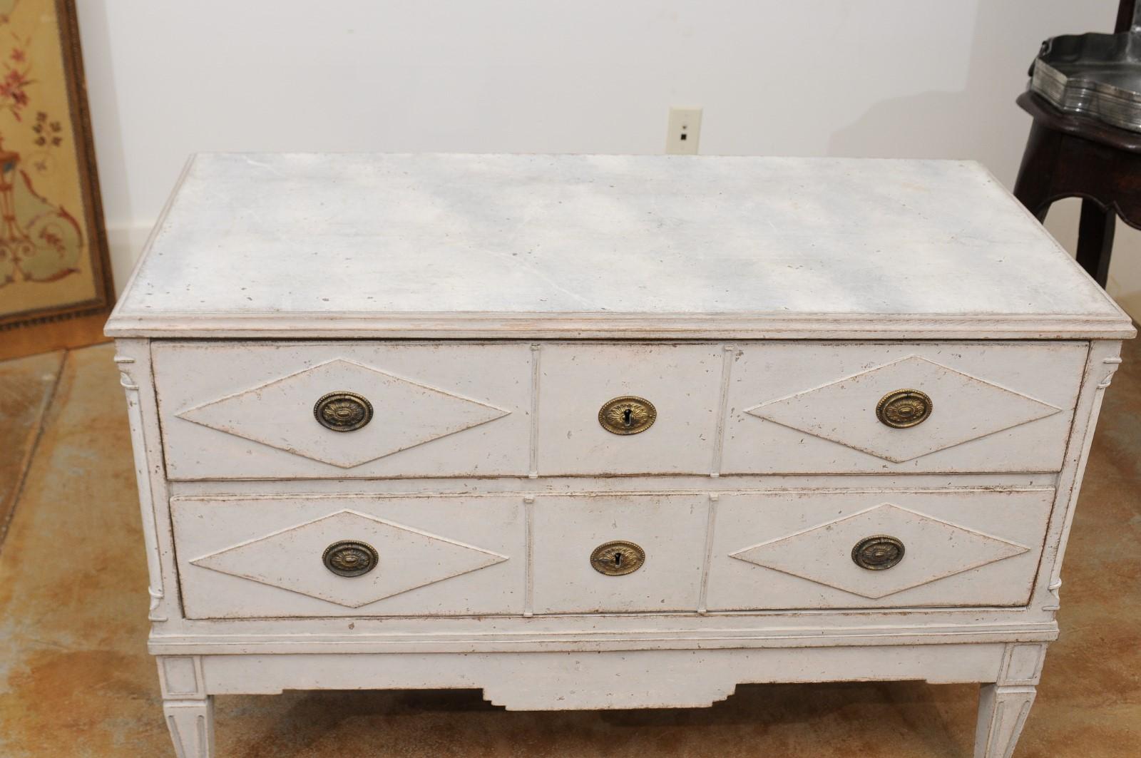 Pair of 18th Century Swedish Painted Wood Two-Drawer Chests with Diamond Motifs In Good Condition In Atlanta, GA