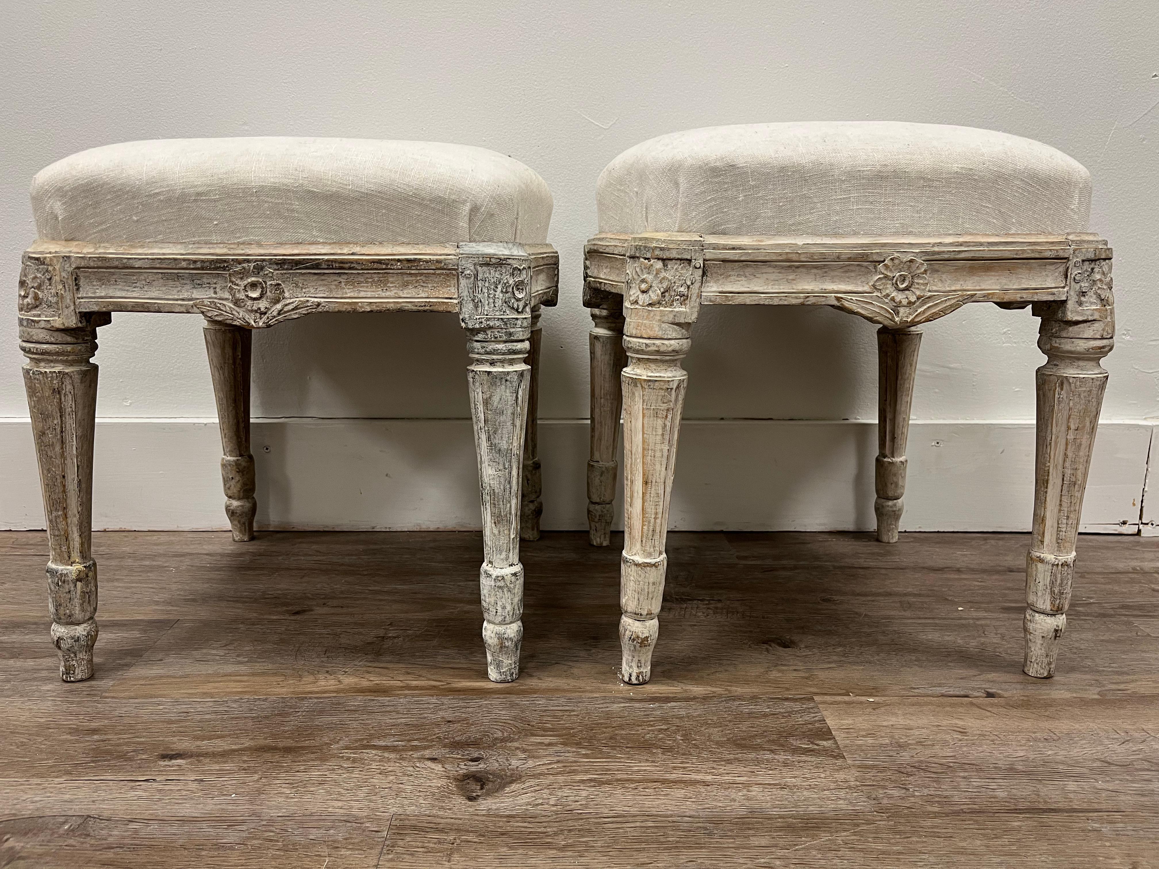 Linen Pair of 18th Century Swedish Rococo-Gustavian Footstools For Sale