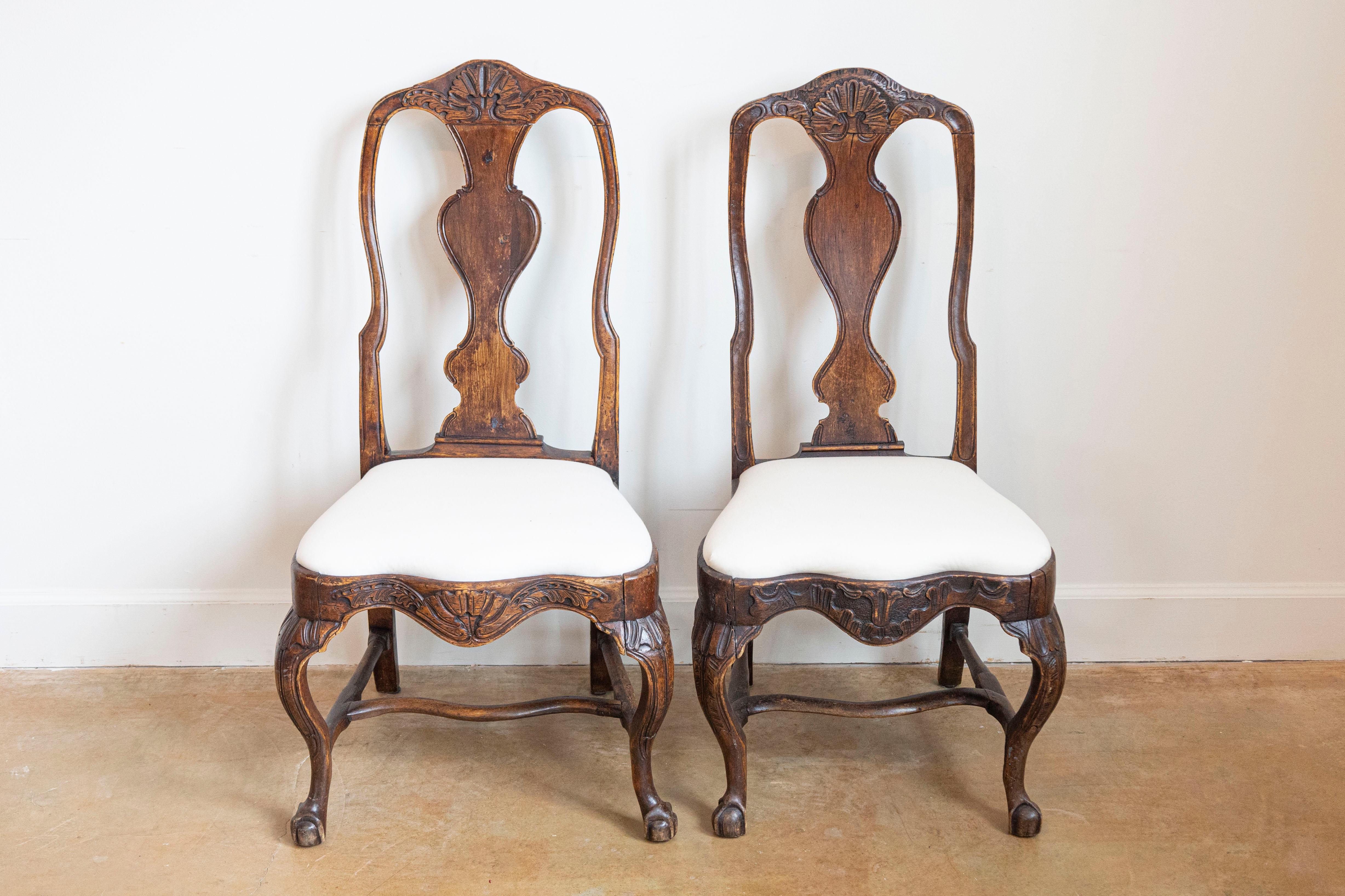 Carved Pair of 18th Century Swedish Rococo Walnut Side Chairs For Sale