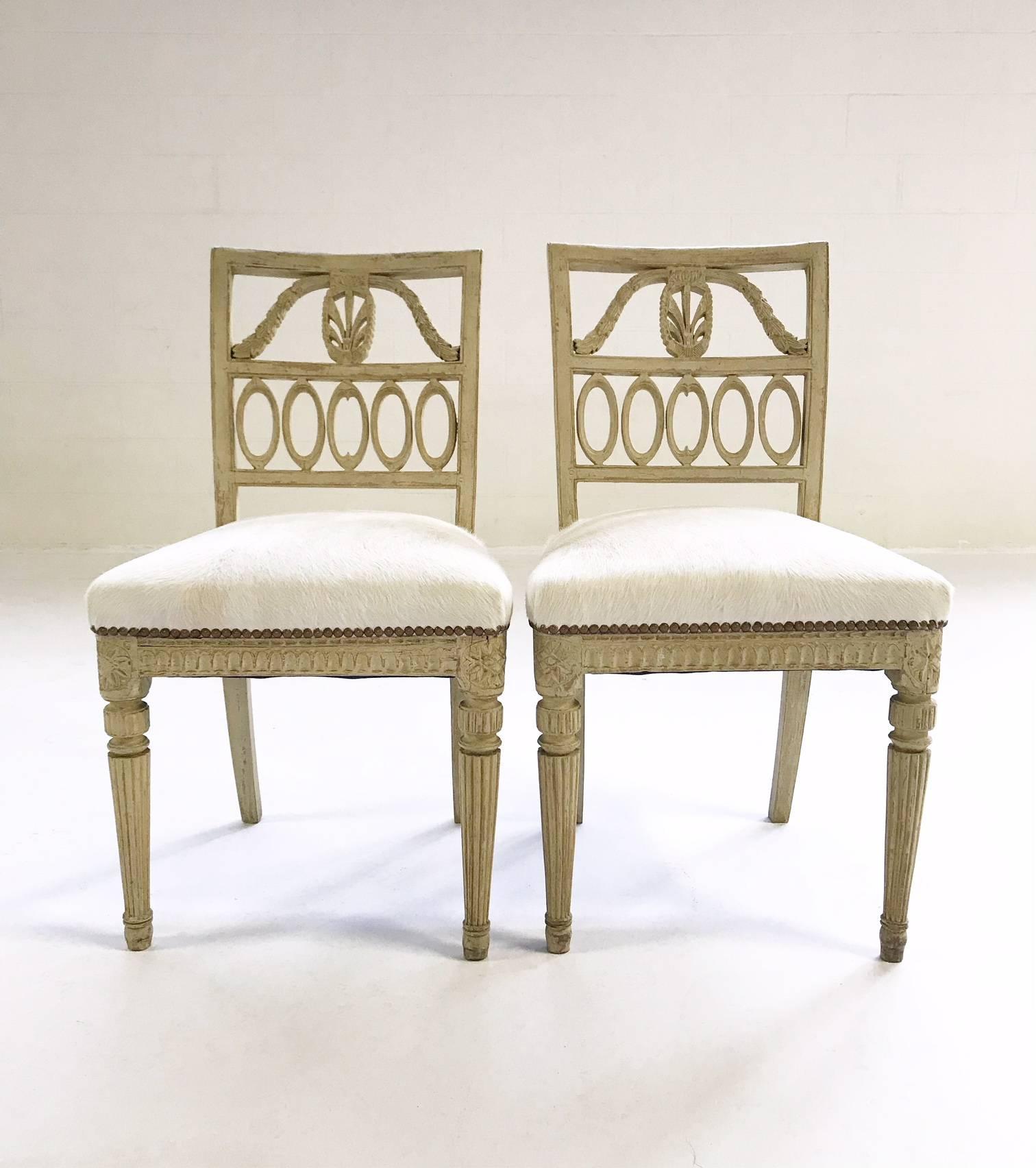Pair of 18th Century Swedish Side Chairs Restored in Brazilian Cowhide 7