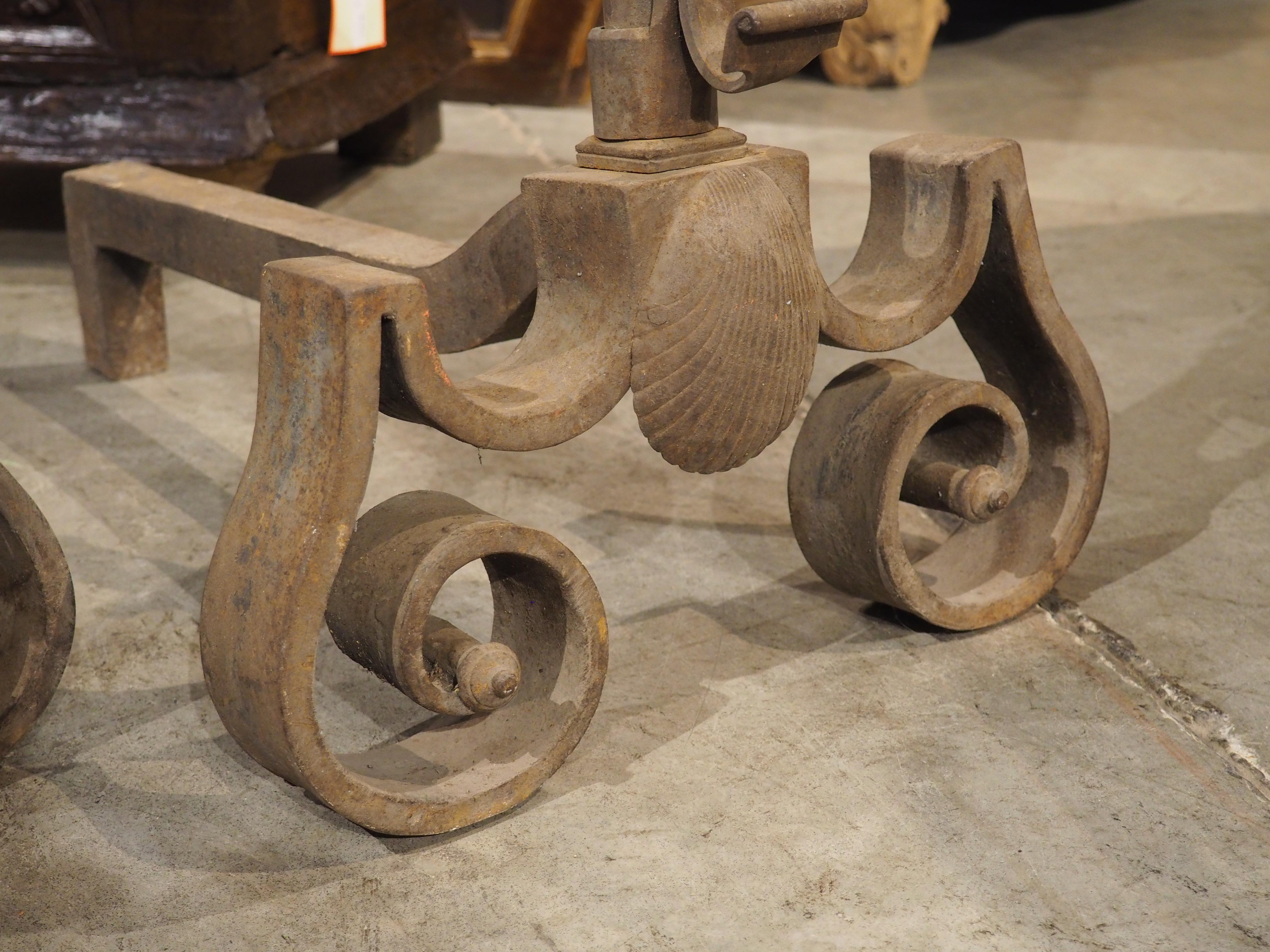 Metal Pair of 18th Century Thickly Wrought Iron Chenets from France For Sale