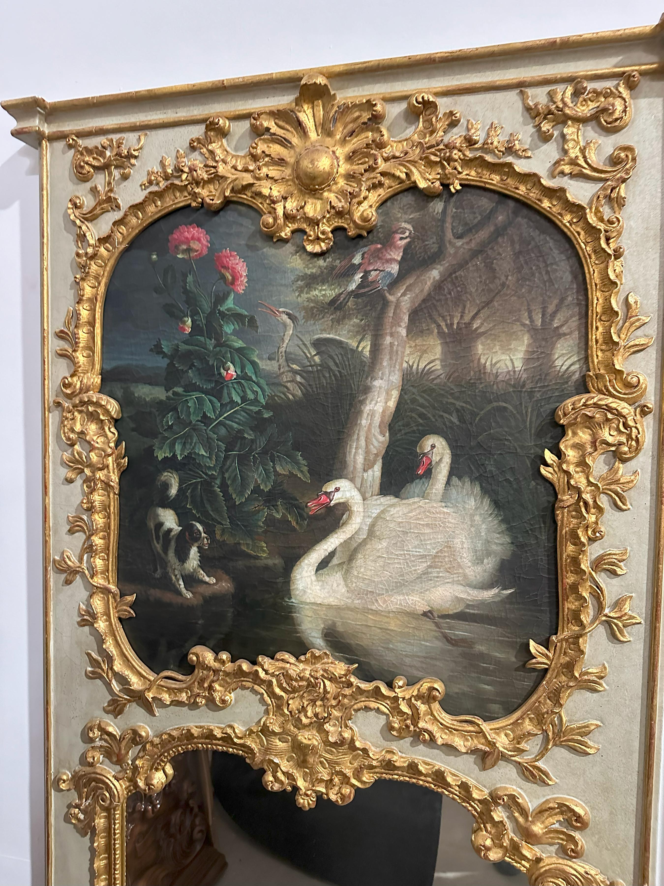 18th Century and Earlier Pair of 18th Century Trumeau Mirrors with a Painted Pastoral Scenes For Sale