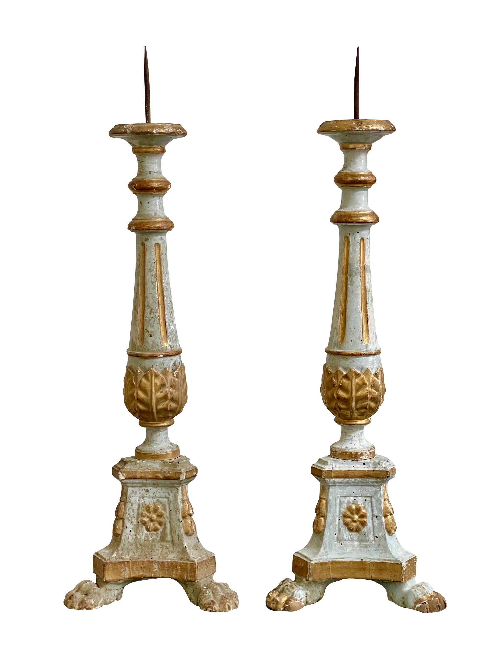Pair of 18th Century Tuscan Italian pricket sticks, pale blue- polychrome, having acanthus detail and paw feet, Tuscany.
 