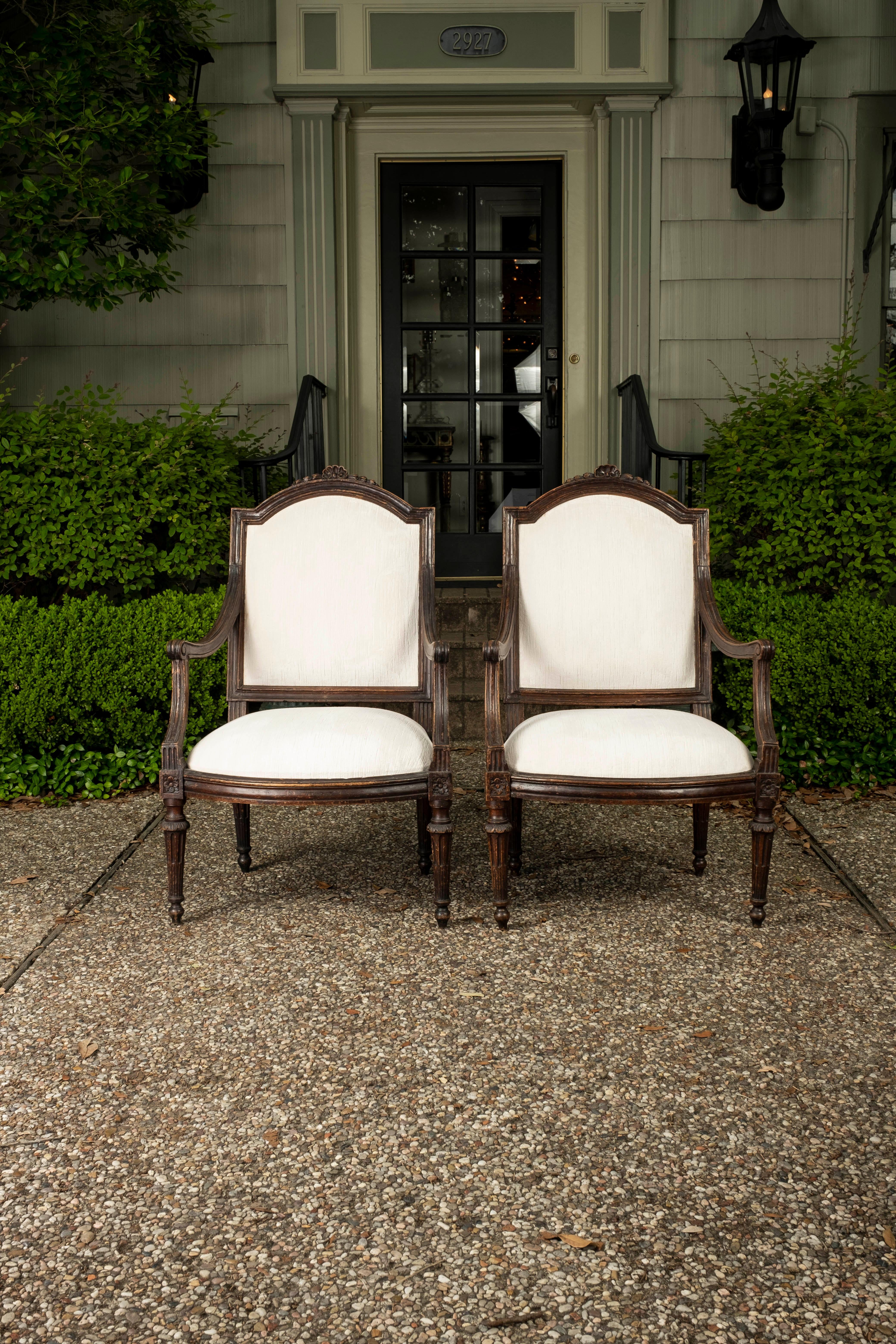 Pair of 18th century Tuscan walnut side chairs. These large stunning Italian Louis XVI armchairs or side chairs from the Tuscany region were taken down to frame and professionally upholstered in striated white cut velvet. These grand 18th century