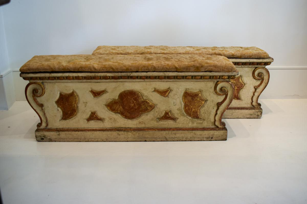 This pair of 18th-century Venetian benches embodies the elegance and artistry of their time, offering a glimpse into the opulent lifestyles of the Venetian elite while providing functional and beautiful seating for modern spaces. Pairs of original