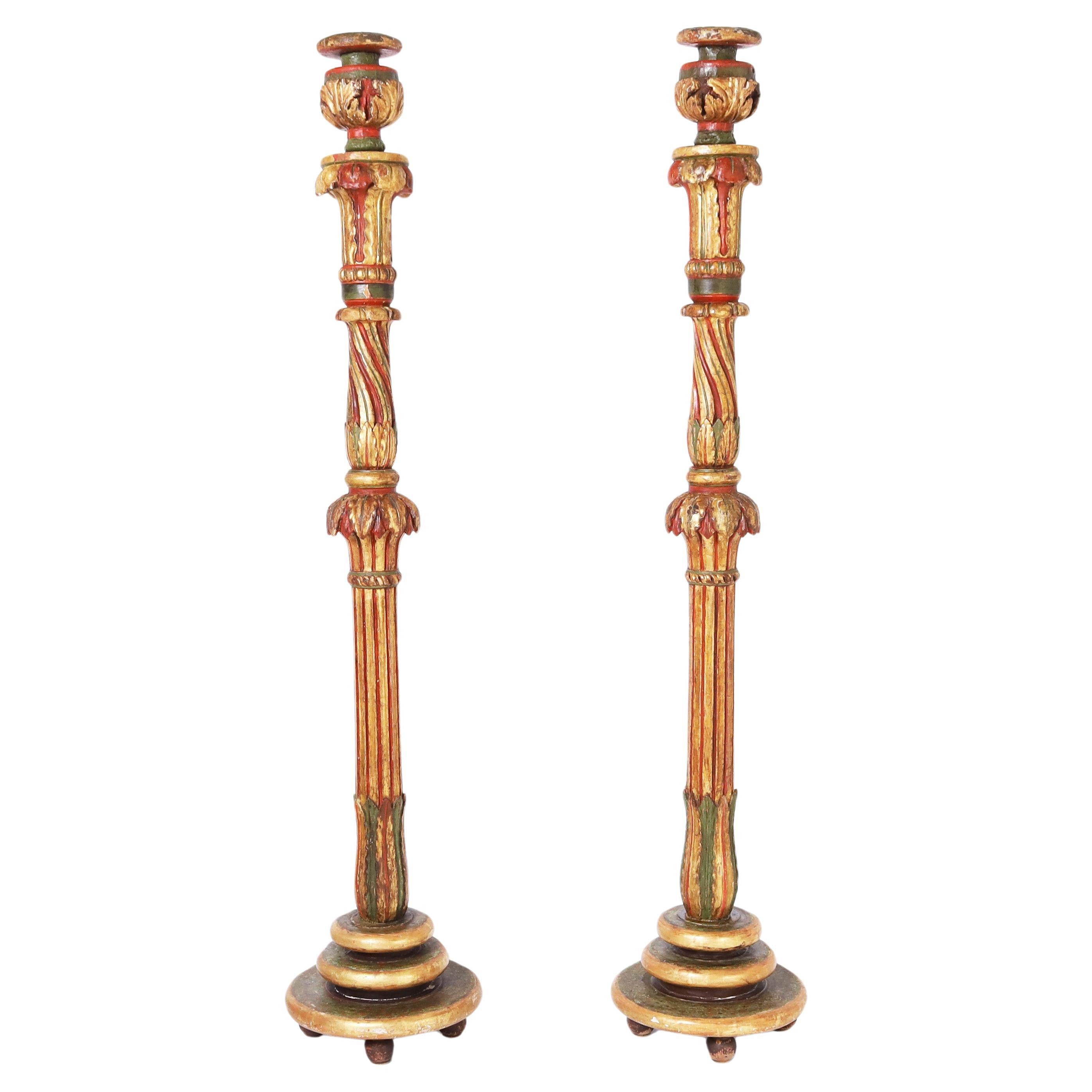 Pair of 18th Century Venetian Carved and Polychrome Torchieres