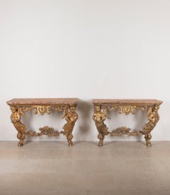 Pair of 18th Century Venetian Giltwood Console Tables with Faux Marble Tops
