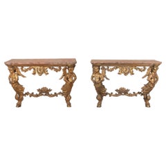 Pair of 18th Century Venetian Giltwood Console Tables with Faux Marble Tops