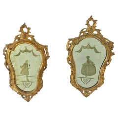 Pair of 18th Century Venetian Giltwood Rococo Etched Glass Mirrors