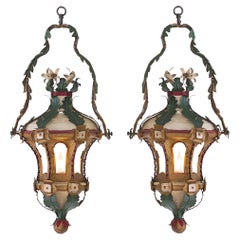 Antique Pair of 18th Century Venetian Painted and Gilt Tole Lanterns