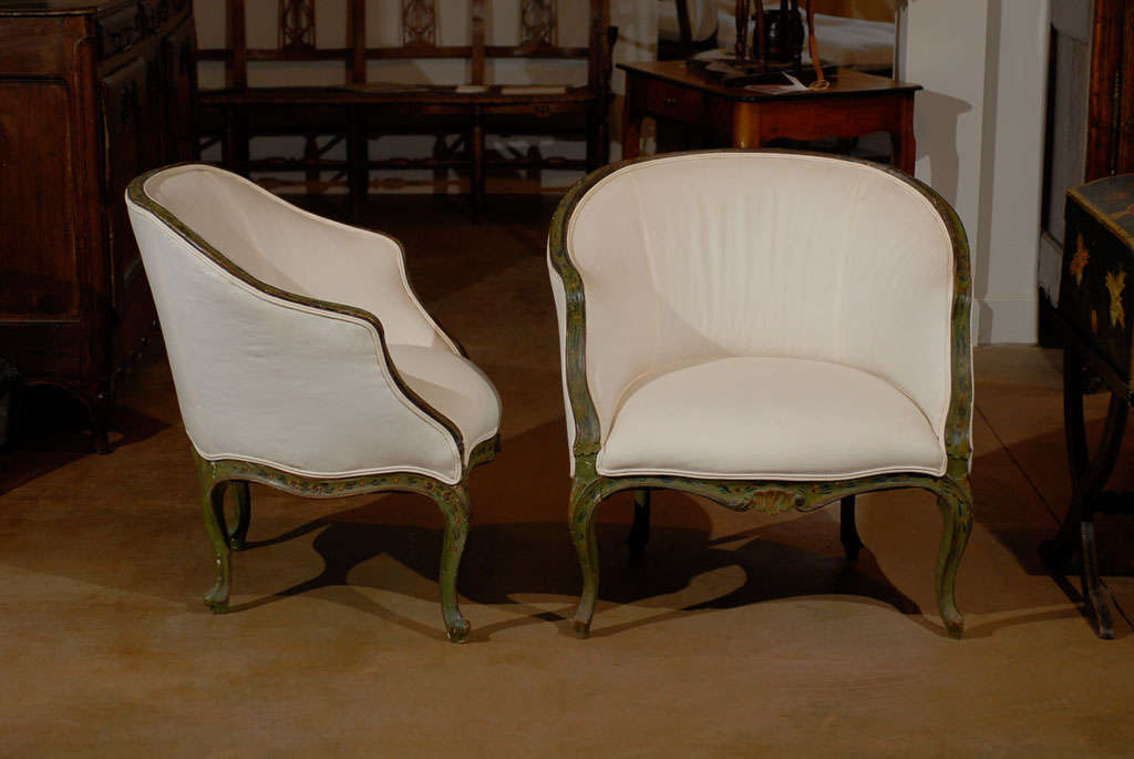 Pair of 18th century Venetian painted bergere chairs Louis XV style. Please note these items are antiques and are two of a kind.