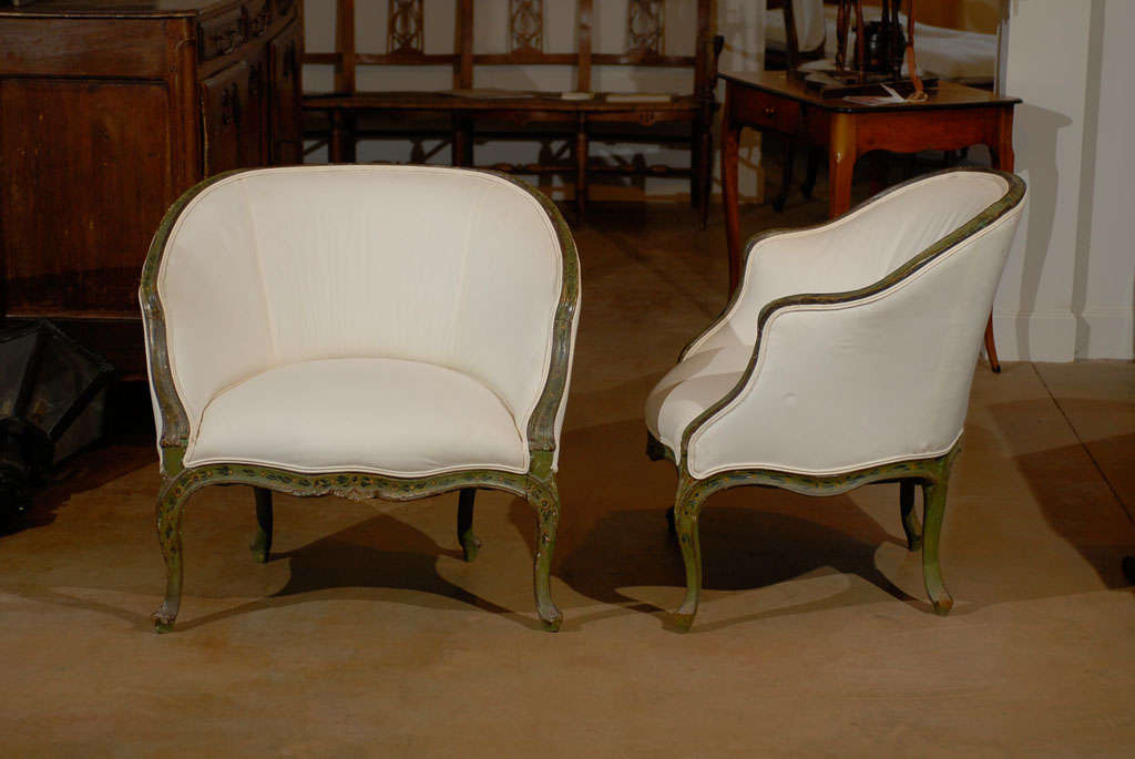 18th Century and Earlier Pair of 18th Century Venetian Painted Bergere Chairs