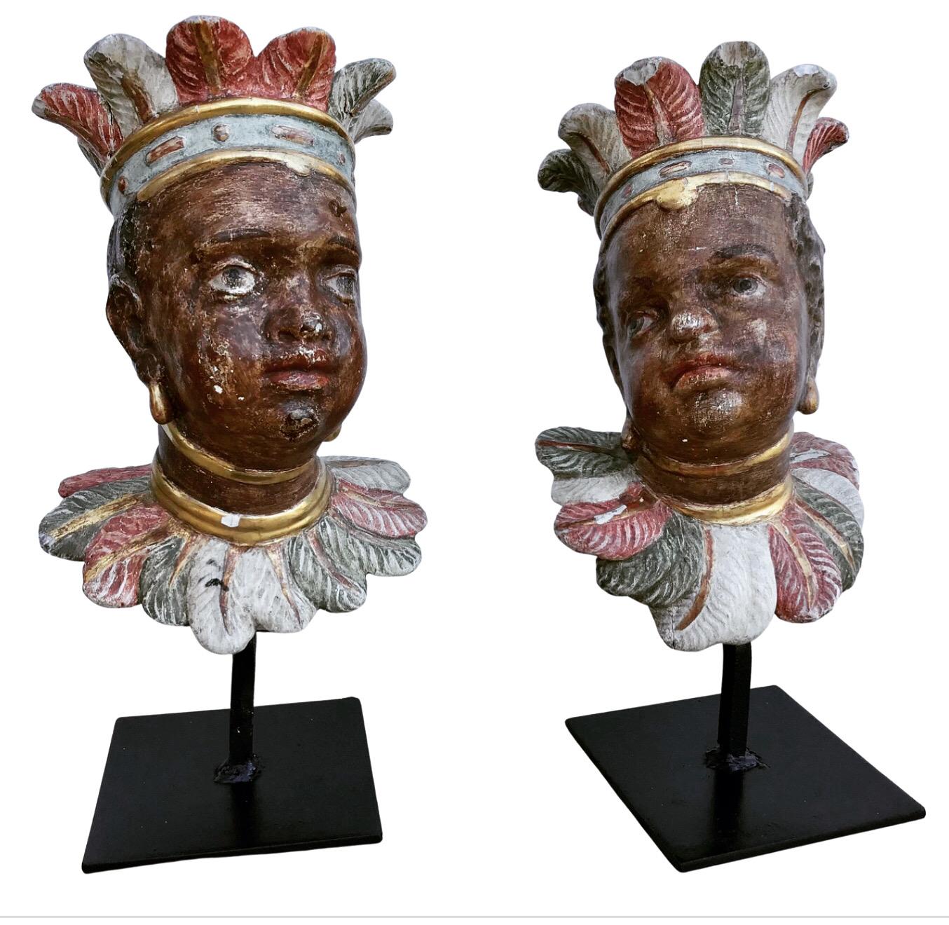 Pair of 18th Century Venetian Rococo Polychromed Nubian Heads For Sale 3