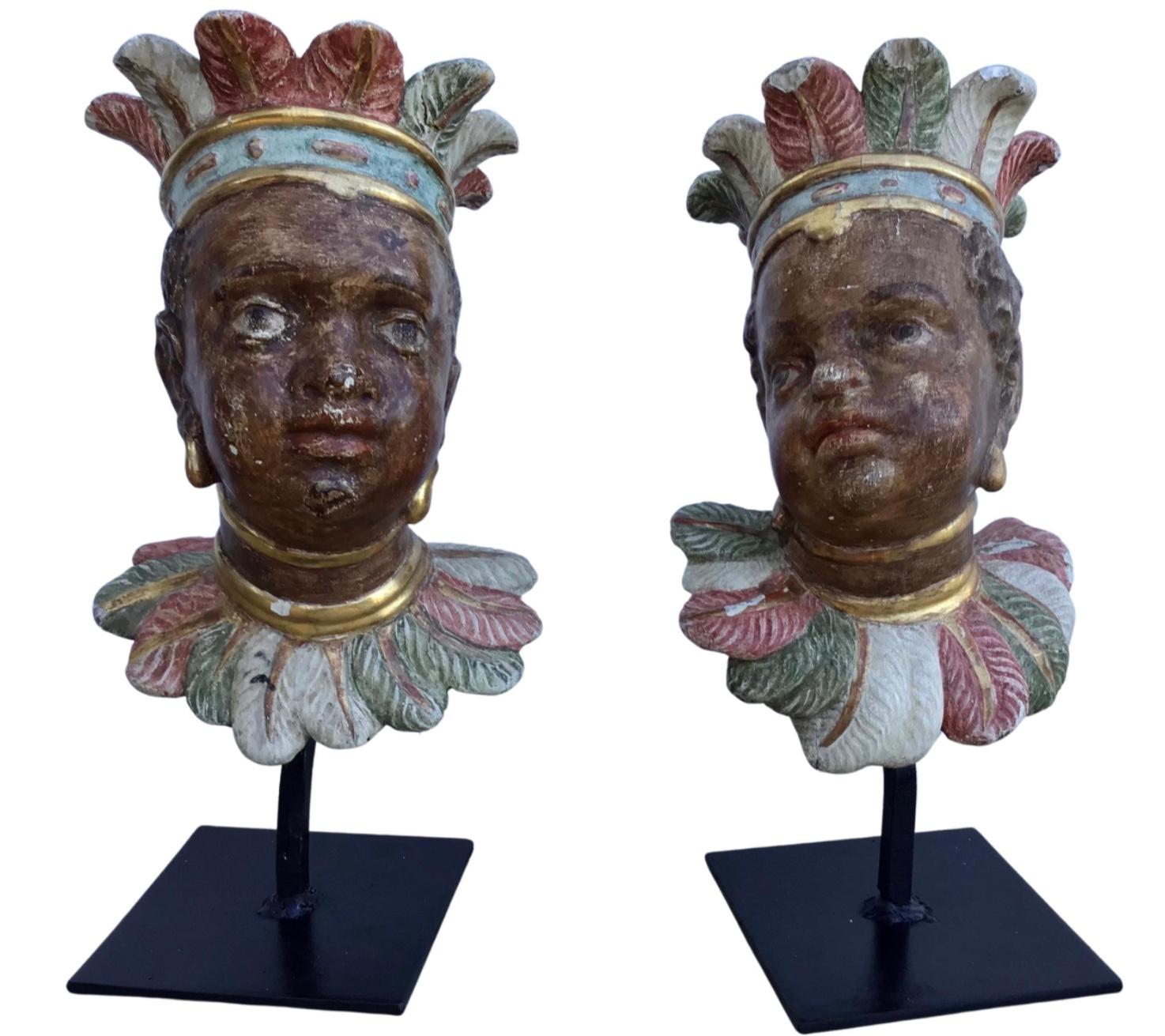 Hand-Carved Pair of 18th Century Venetian Rococo Polychromed Nubian Heads For Sale