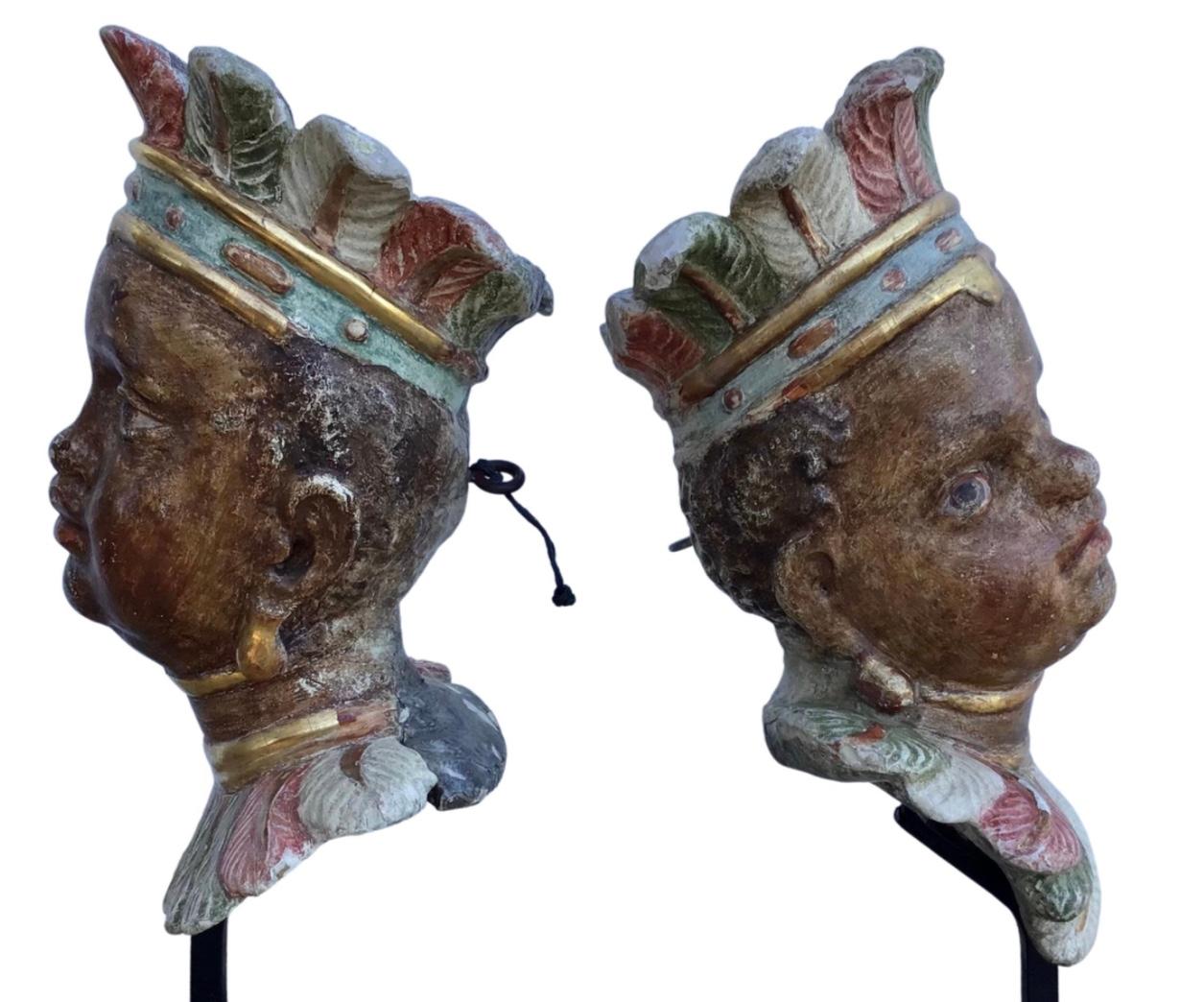 Pair of 18th Century Venetian Rococo Polychromed Nubian Heads In Good Condition For Sale In Bradenton, FL
