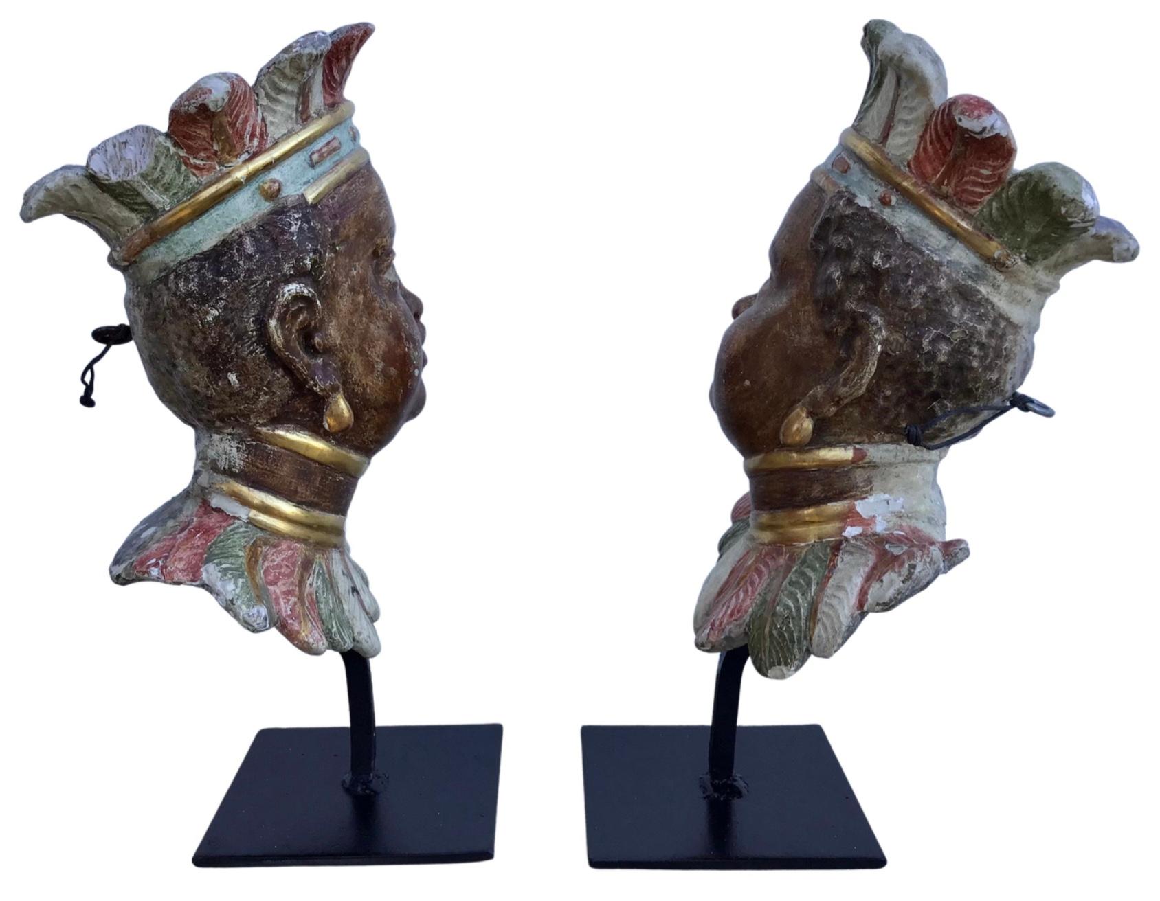 18th Century and Earlier Pair of 18th Century Venetian Rococo Polychromed Nubian Heads For Sale