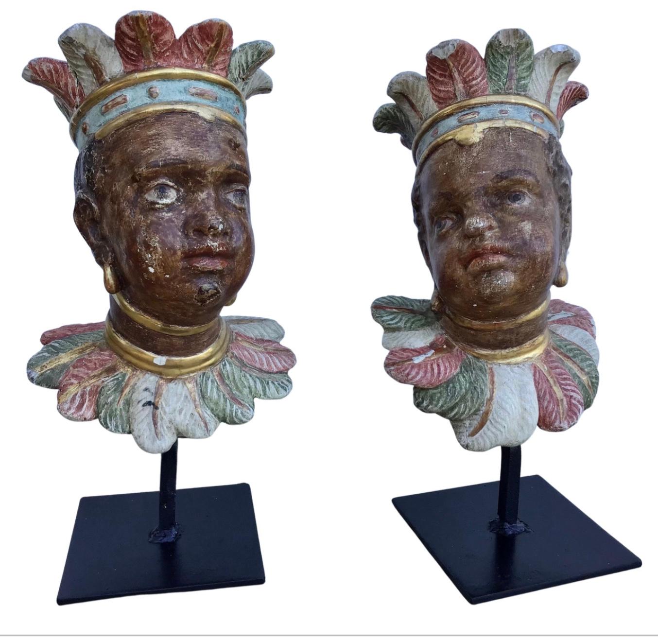 Pair of 18th Century Venetian Rococo Polychromed Nubian Heads For Sale 1