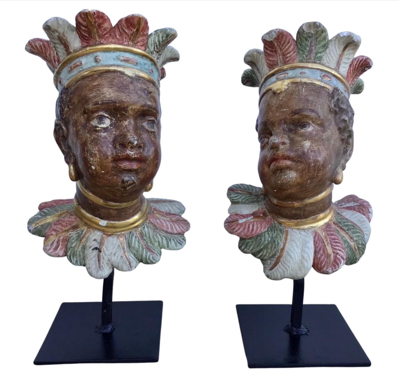 Pair of 18th Century Venetian Rococo Polychromed Nubian Heads For Sale 2