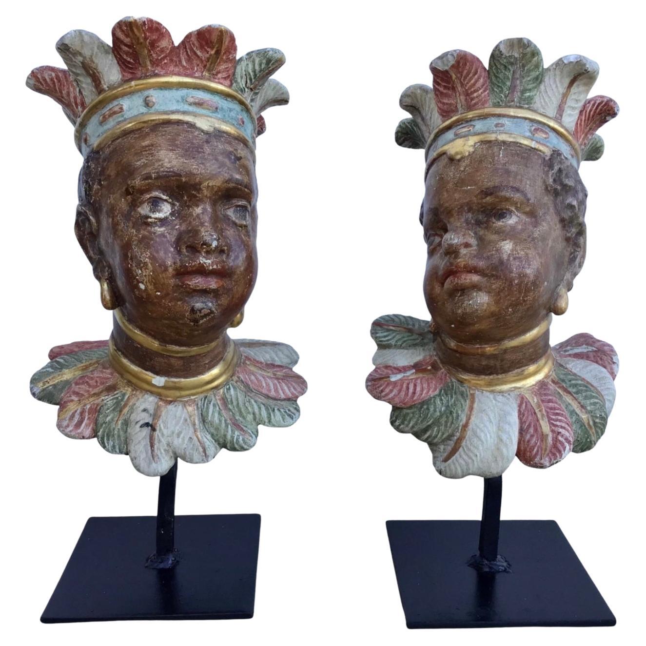 Pair of 18th Century Venetian Rococo Polychromed Nubian Heads For Sale