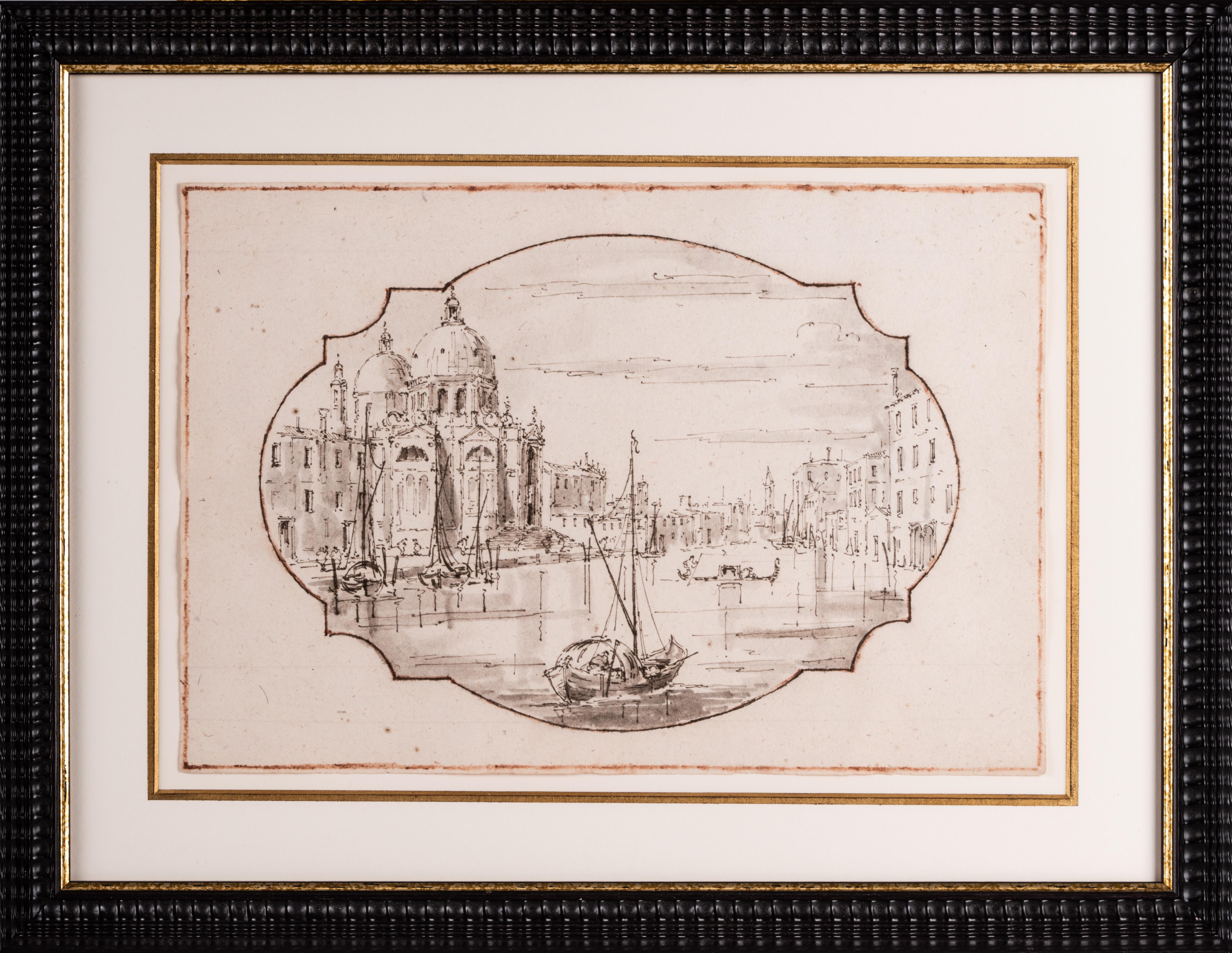 Drawings, one representing San Geremia on the Grand Canal, the other La Salute on the Grand Canal. Both drawings are in a style evocative of Francesco Guardi (1712-1793) specialist of Venetians 'vedute'. Guardi's style can best be described as free