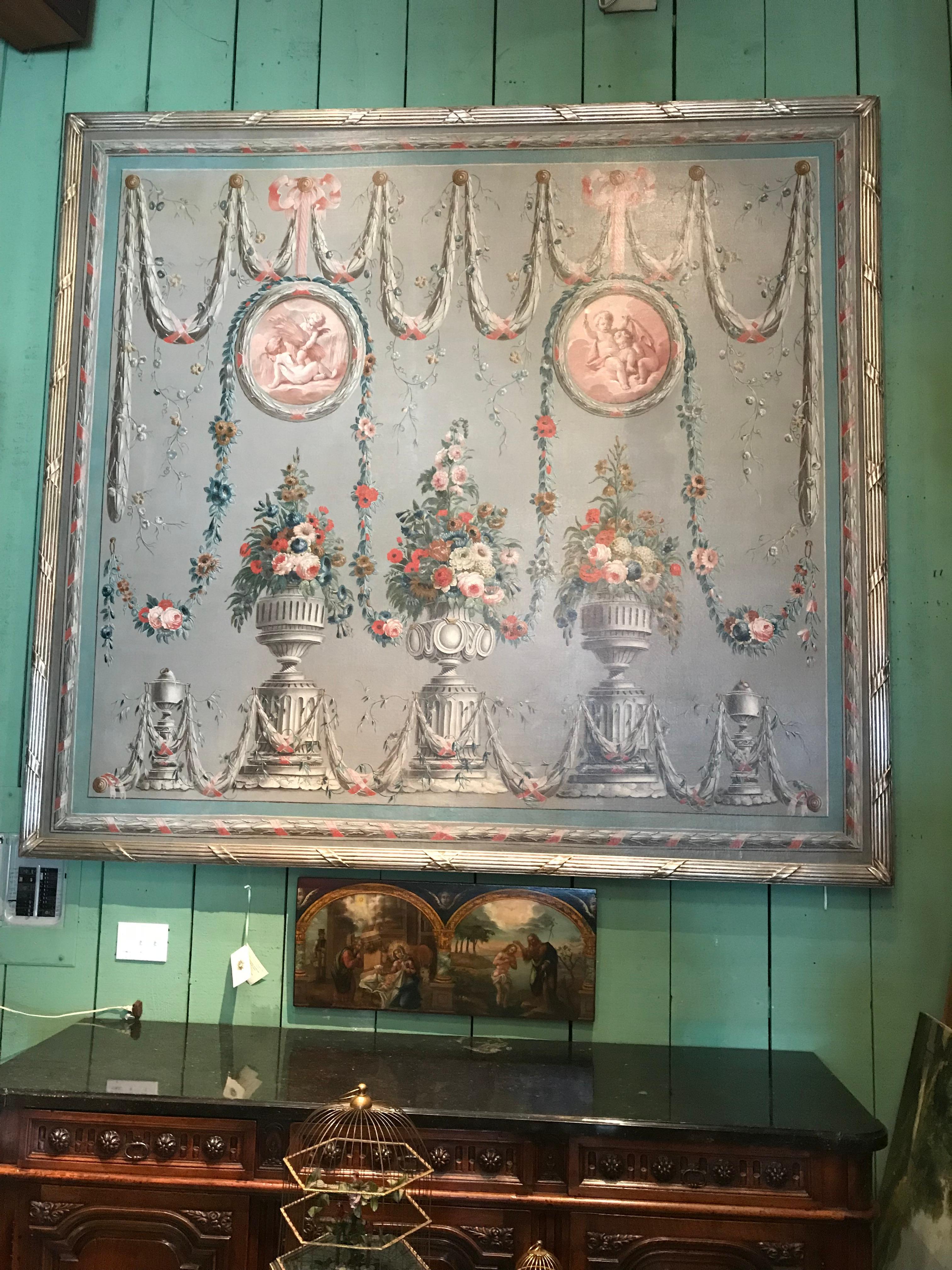 Pareja de óleos sobre lienzo muy grandes del siglo XVIII enmarcados Montaje en pared Arte LA CA Lienzo en venta