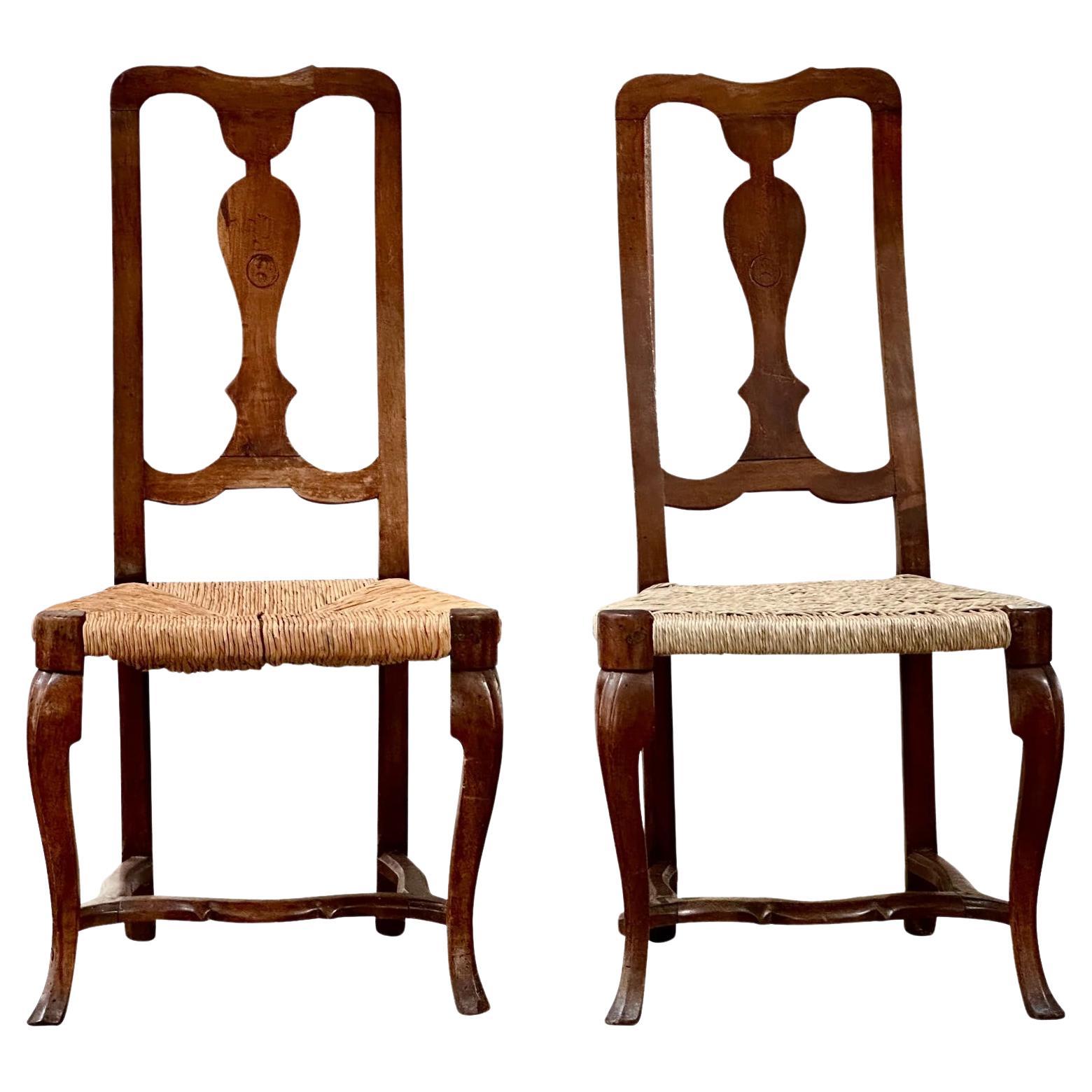 Pair of 18th Century Walnut Rococo Side Chairs with Rush Seats For Sale