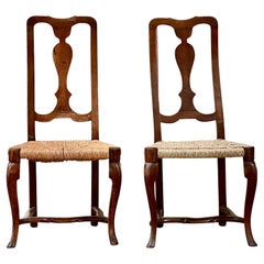 Pair of 18th Century Walnut Rococo Side Chairs with Rush Seats