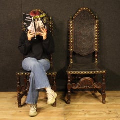 Pair of 18th Century Wood and Leather Italian Antique Renaissance Chairs, 1770s