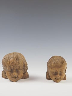 Pair of 18th Century Wood Carved Angel Heads Putti Love Signed by A.UNDEN