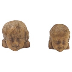 Pair of 18th Century Wood Carved Angel Heads Putti Love Signed by A.UNDEN