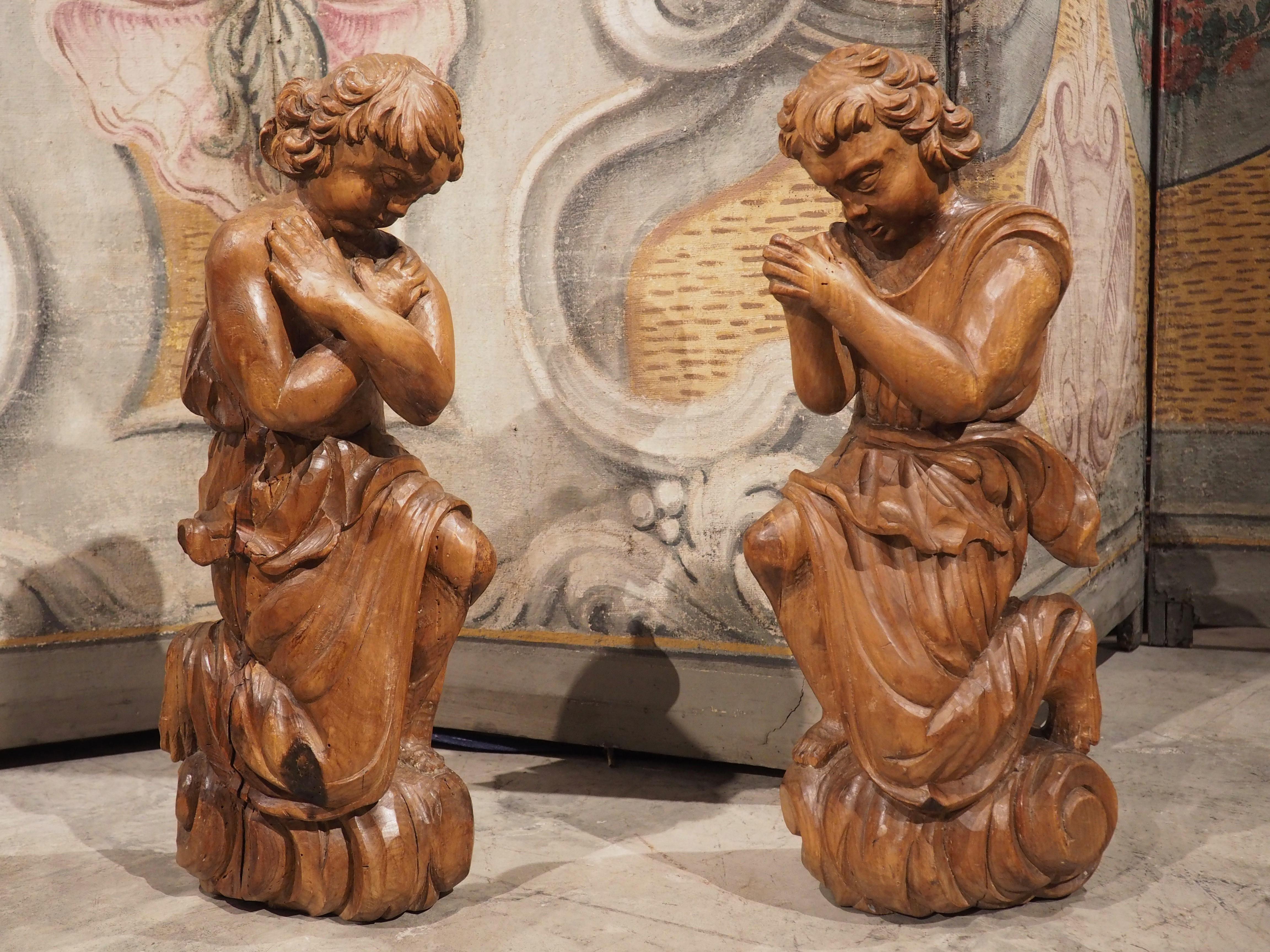 Pair of 18th Century Wood Carved Kneeling Angels from France 14