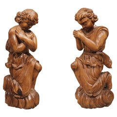 Pair of 18th Century Wood Carved Kneeling Angels from France