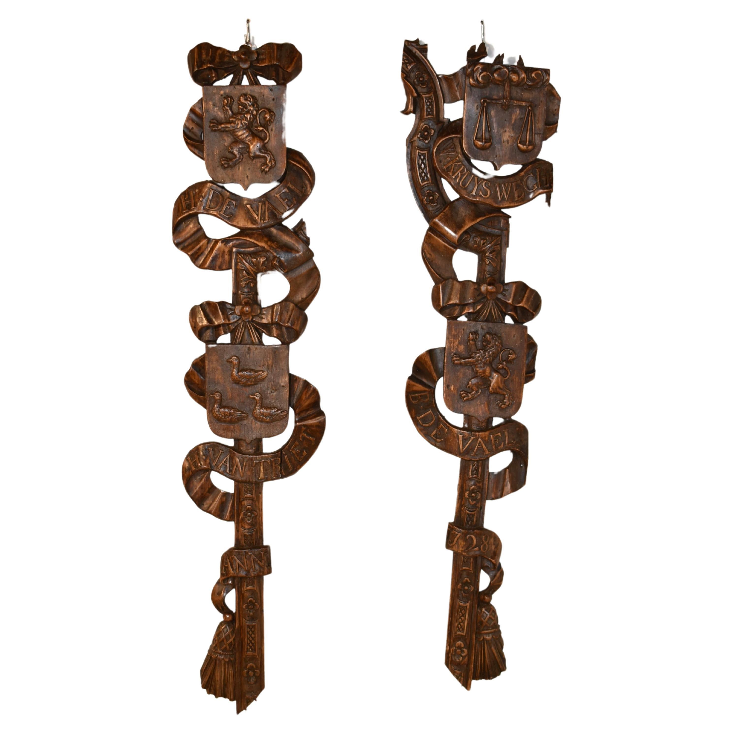 Pair of 18th Century Wood Carvings, dated 1728 For Sale