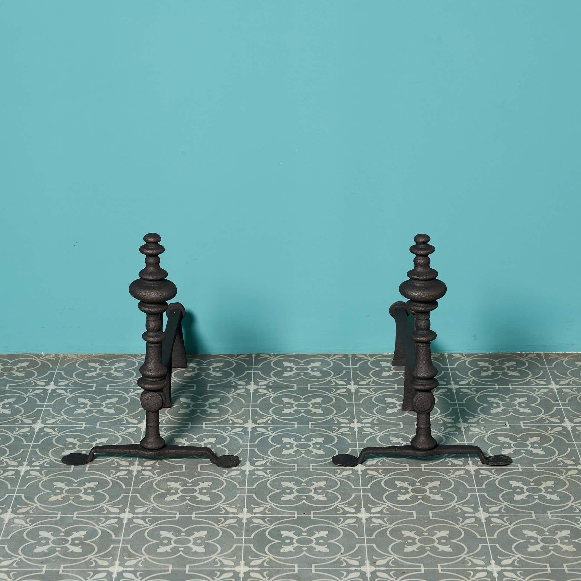 French Pair of 18th Century Wrought Iron Andirons For Sale