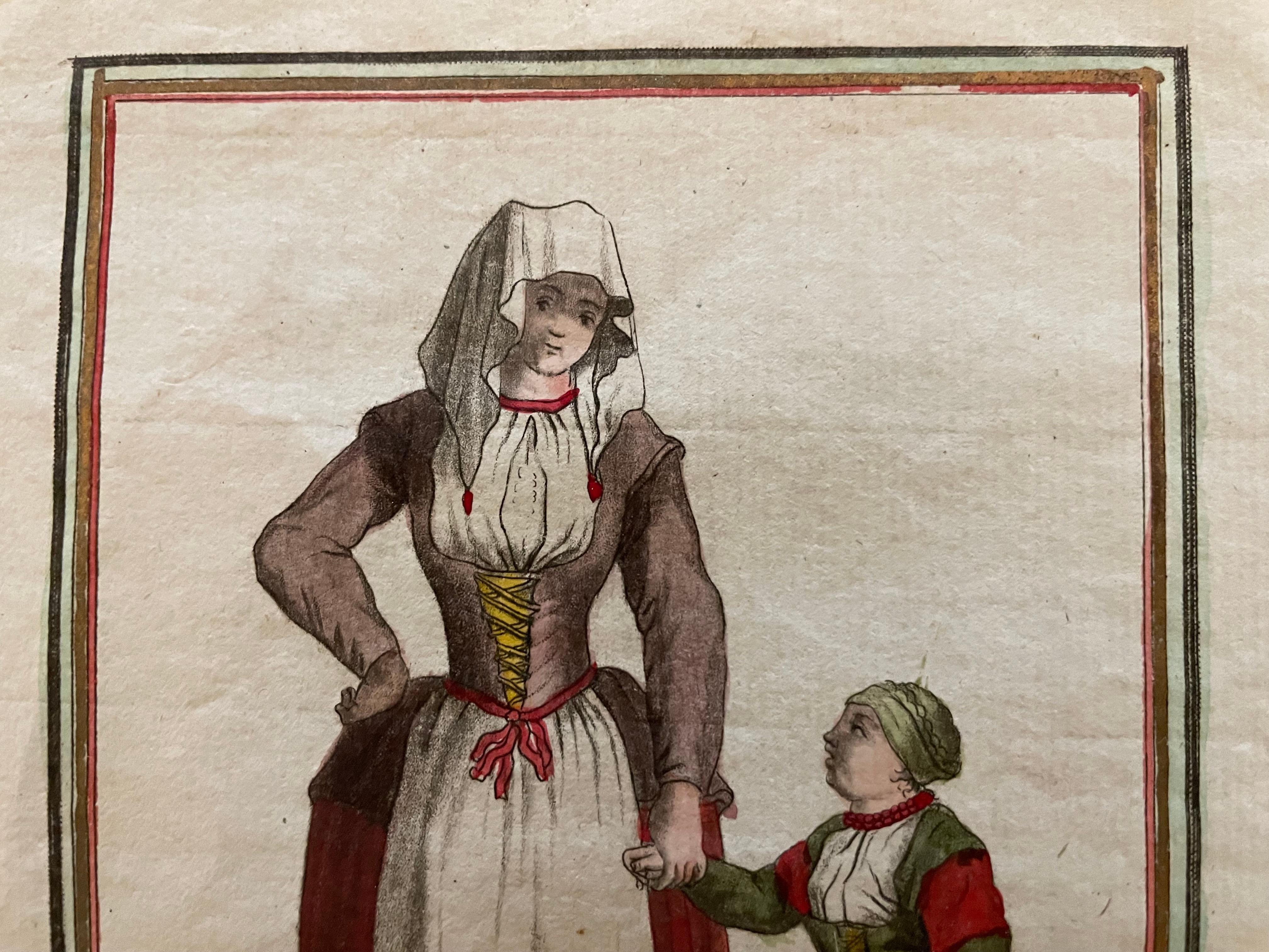 Paire de gravures françaises du 18e siècle colorées à la main d'un homme, d'une femme et d'un enfant Frisois en vente 5