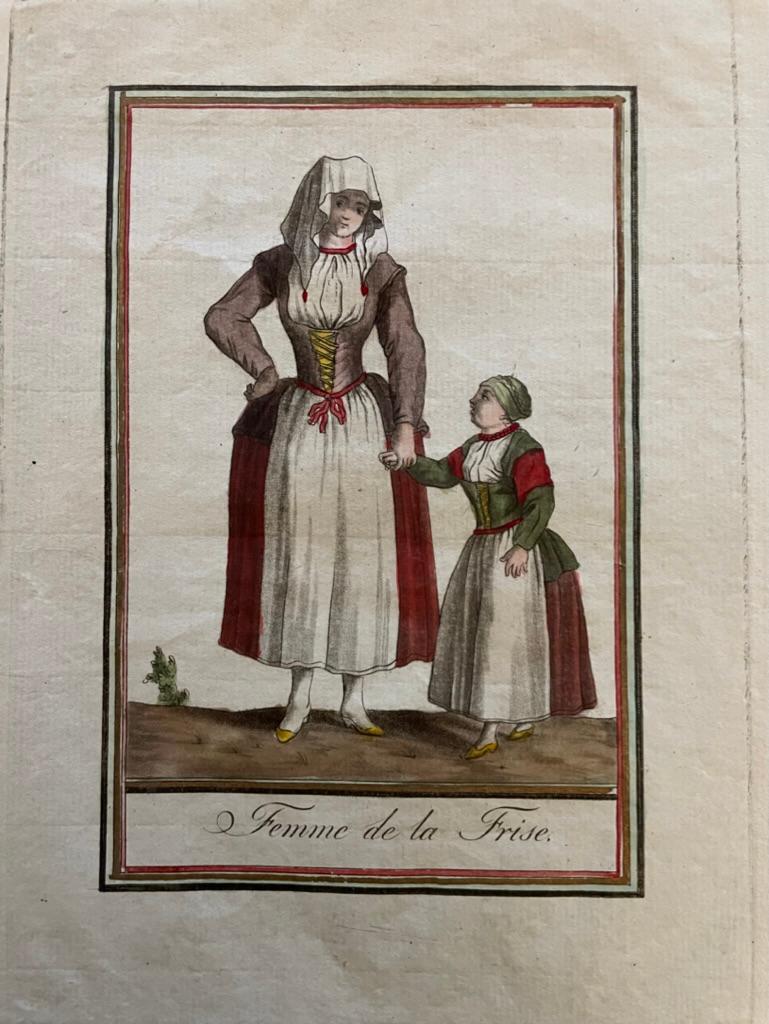 Hand-Painted Pair of 18th French Hand Colored Engravings of a Frisian Man, Woman and Child For Sale