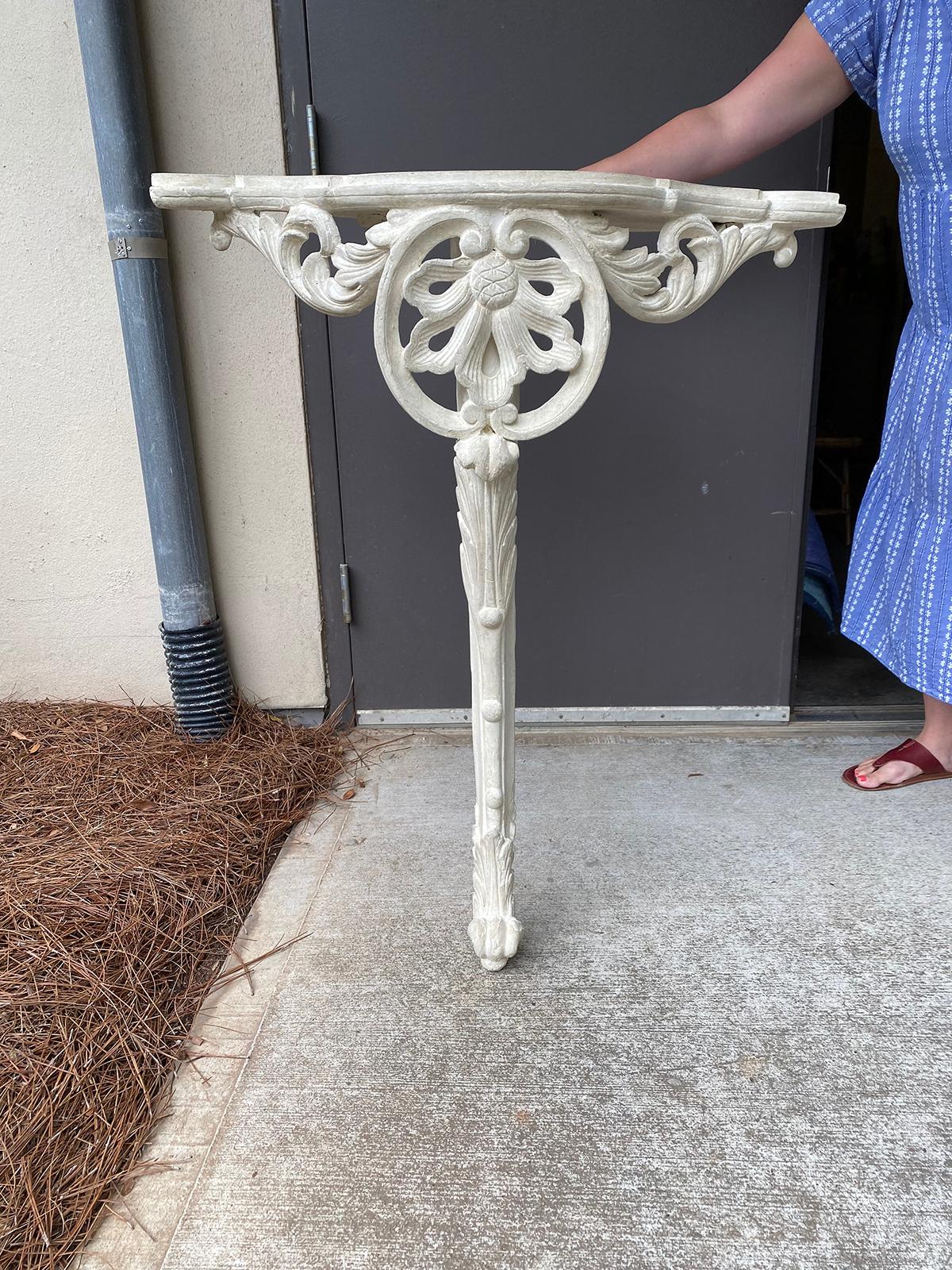 Pair of 18th or 19th century Italian painted corner wall mount console tables, hand carved & gessoed custom finish.