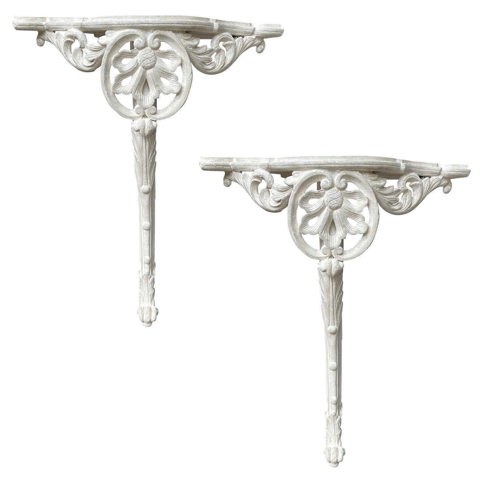 Pair of 18th or 19th Century Italian Painted Corner Wall Mount Console Tables