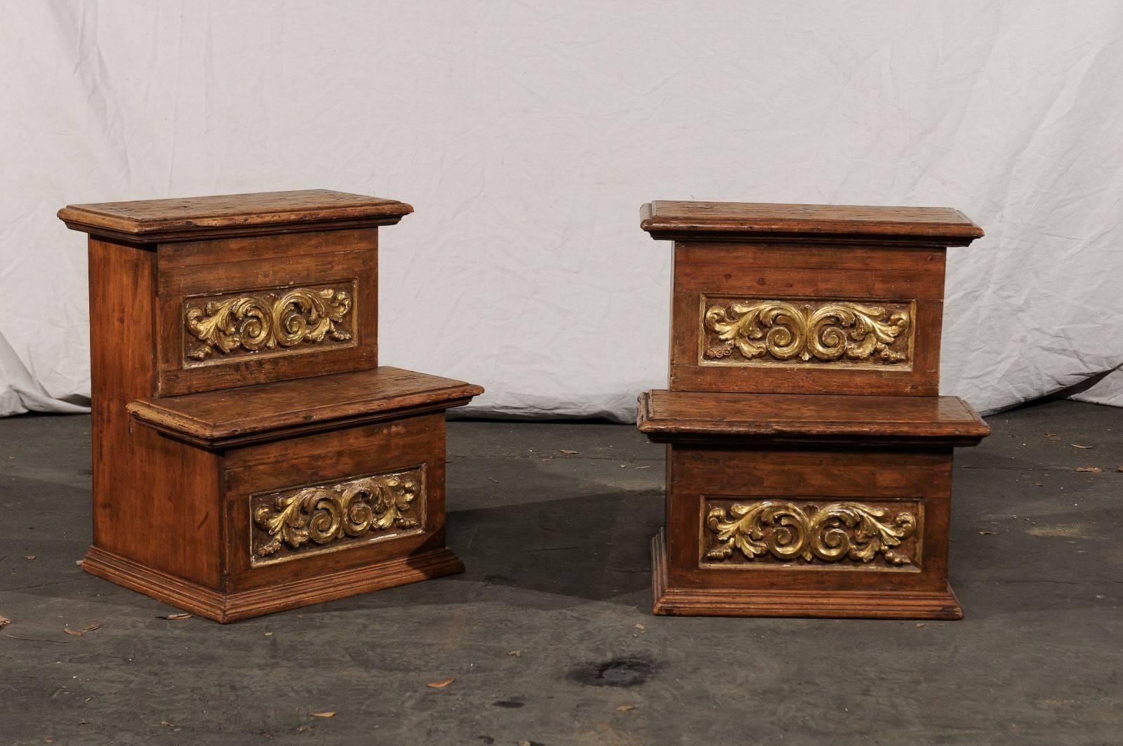 Pair of 18th-19th century Italian step tables with gilt and old elements.