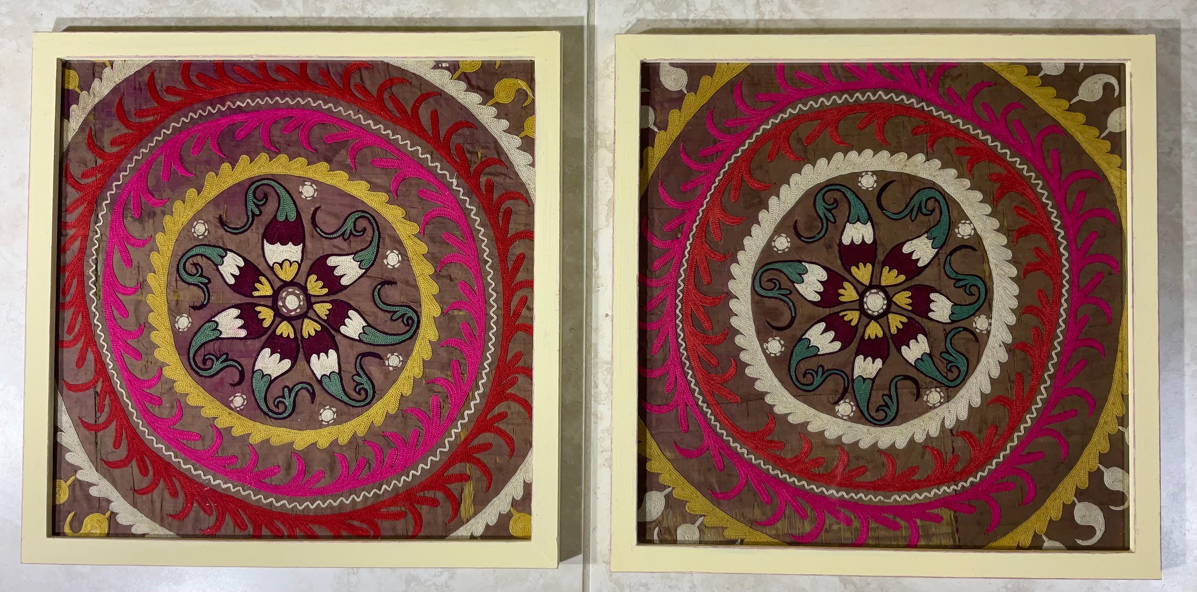 Uzbek Pair of 19 Century Antique Silk Suzani Wall Hanging For Sale