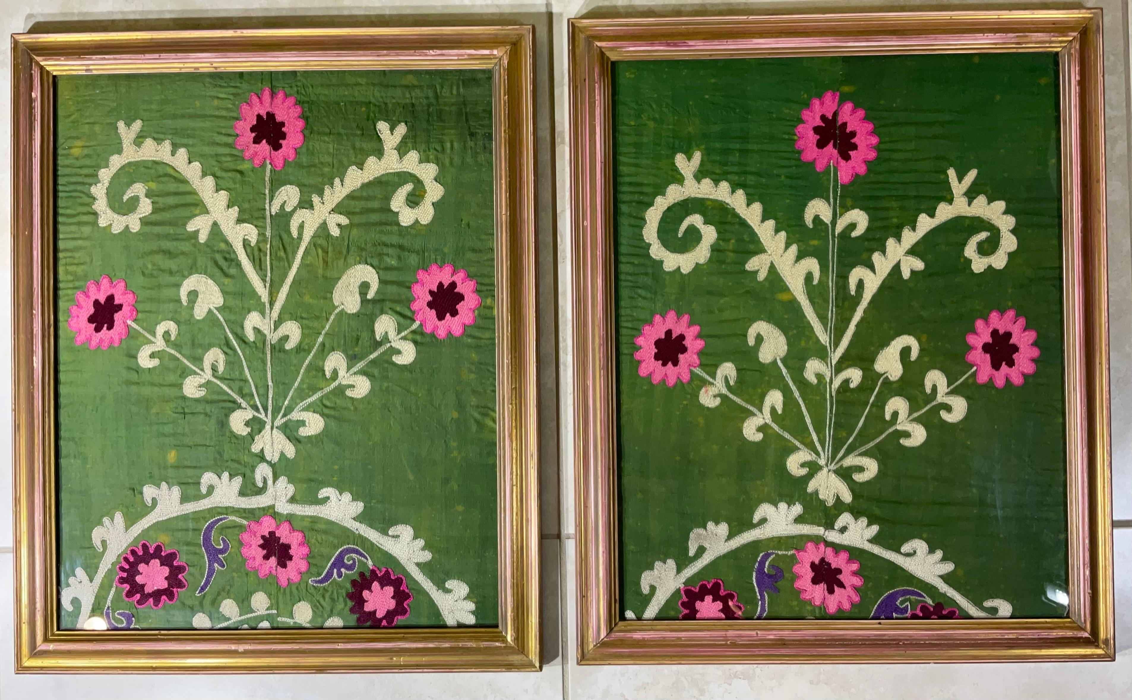 Embroidered Pair of 19 Century Antique Silk Suzani Wall Hanging