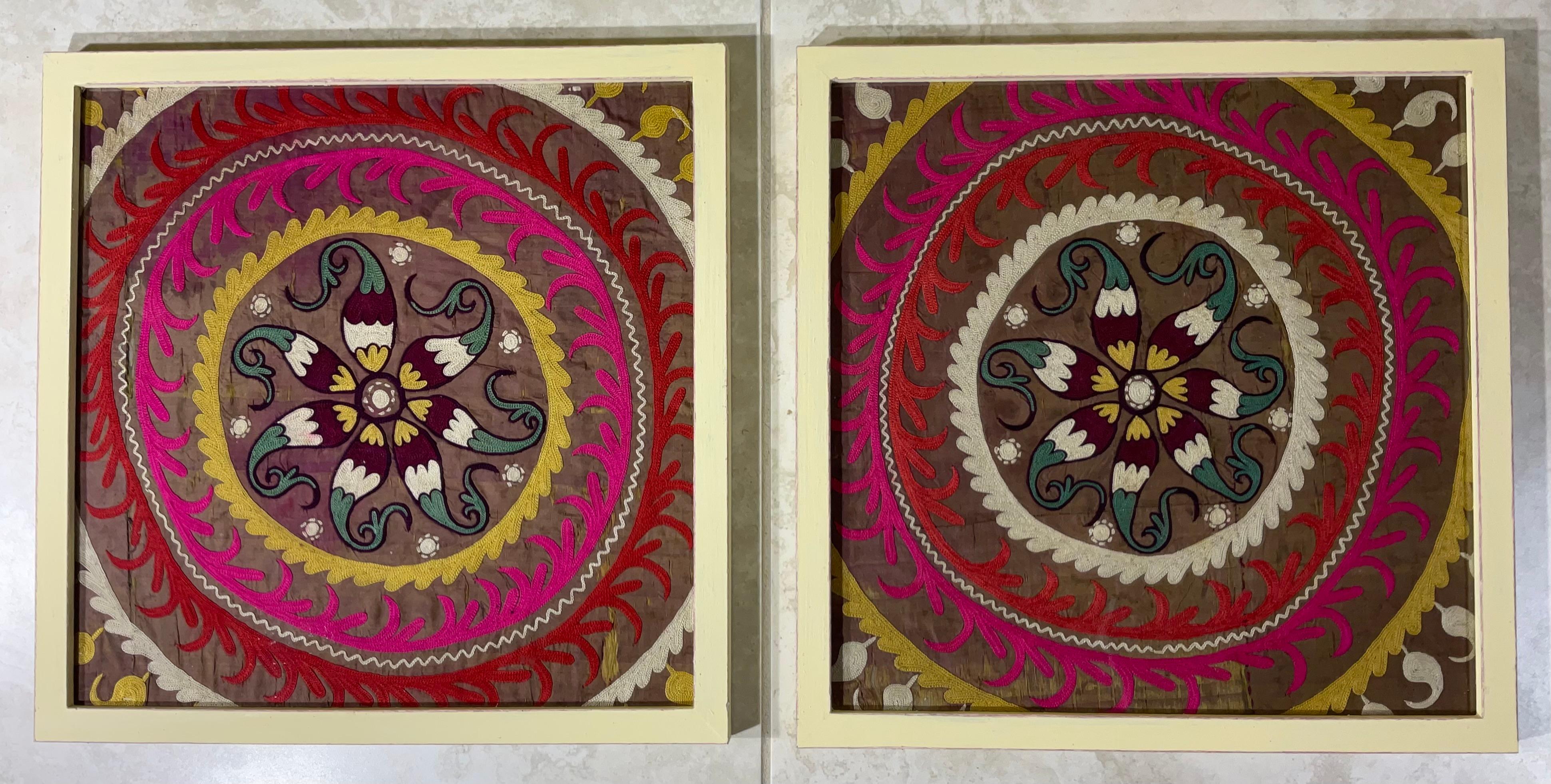 Embroidered Pair of 19 Century Antique Silk Suzani Wall Hanging For Sale