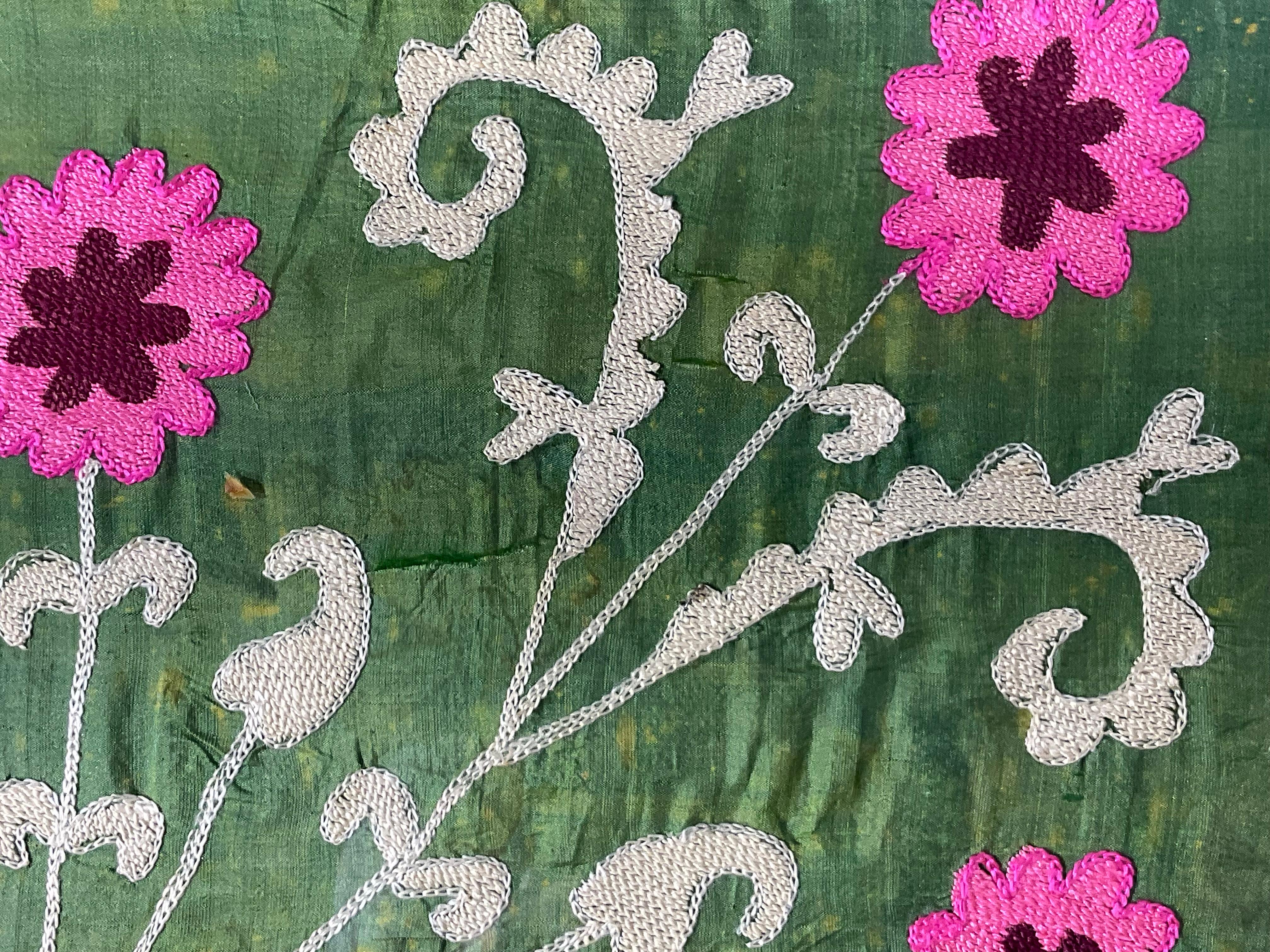 Embroidered Pair Of 19 Century Antique Silk Suzani Wall Hanging For Sale