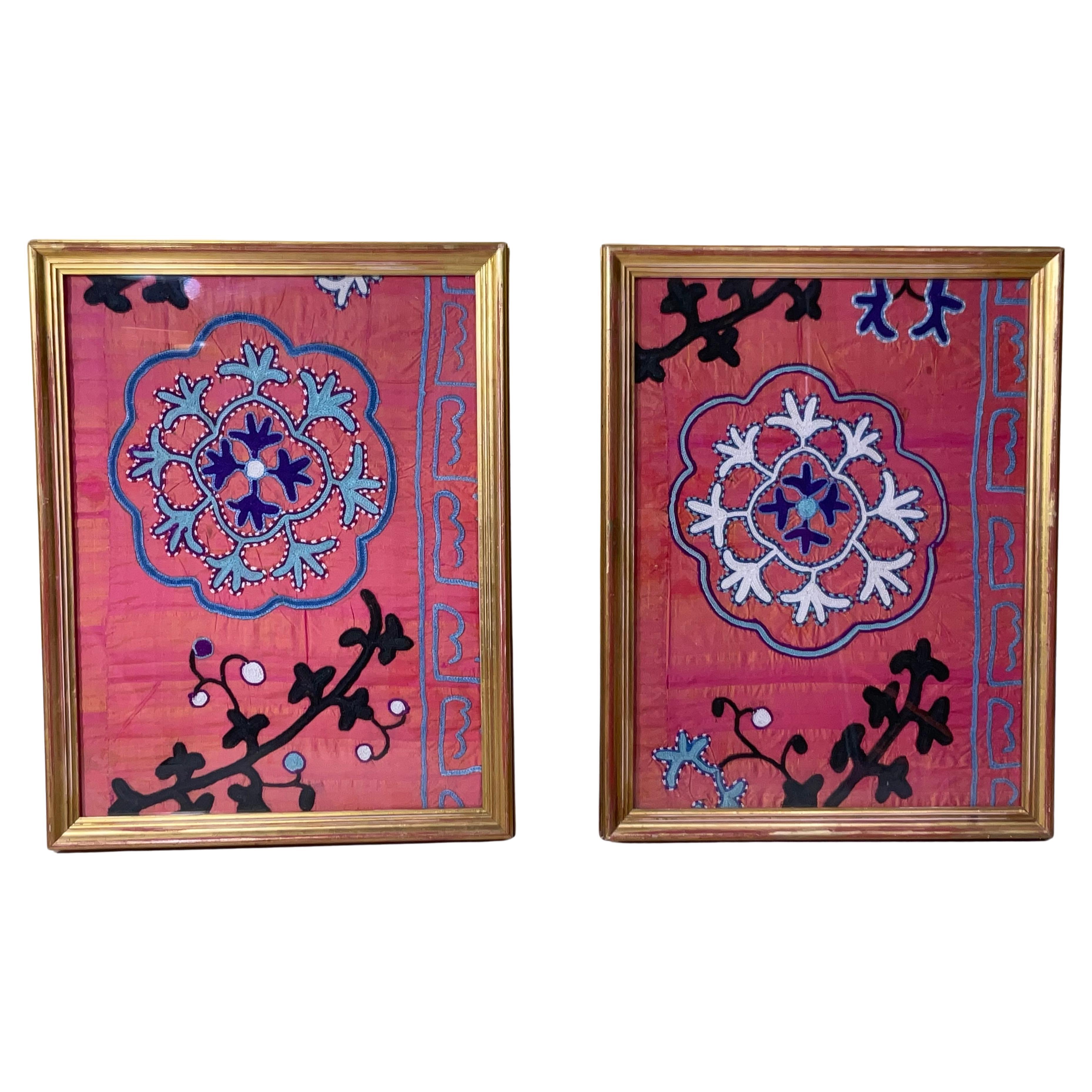 Pair of 19 Century Antique Silk Suzani Wall Hanging