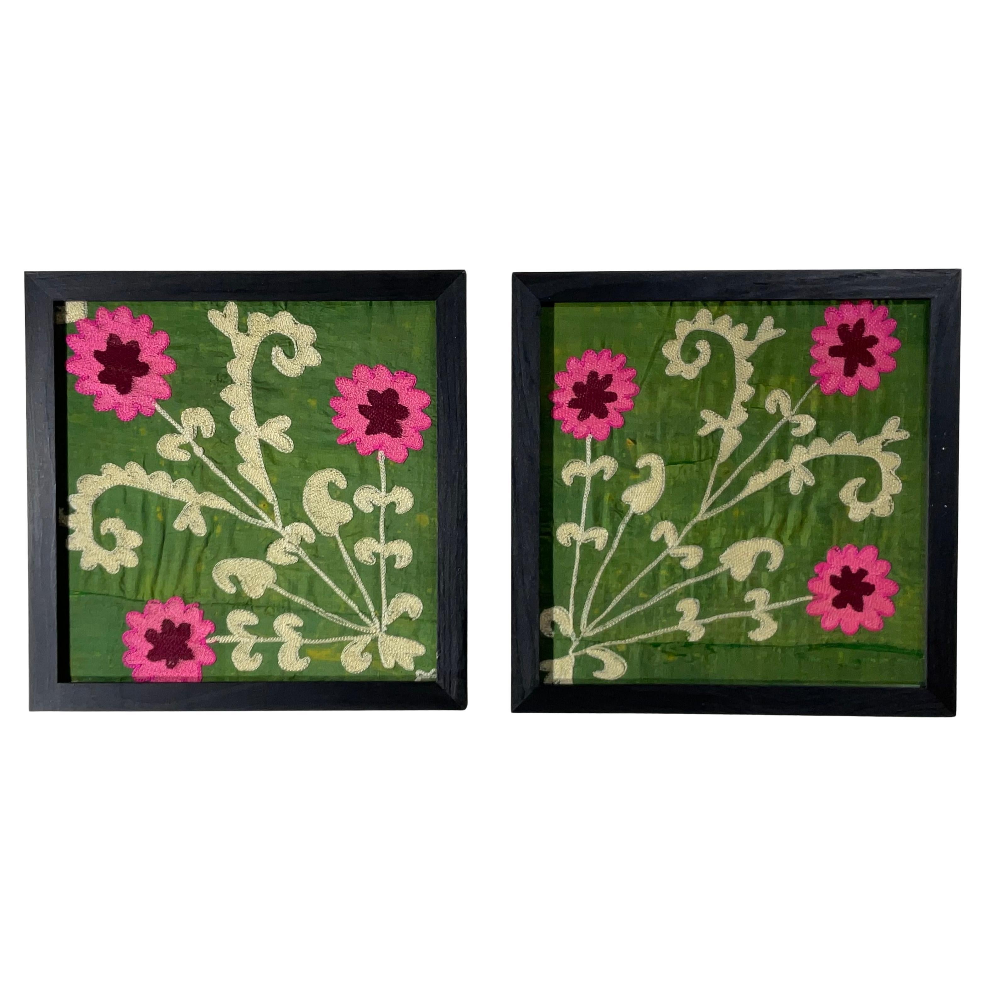 Pair Of 19 Century Antique Silk Suzani Wall Hanging