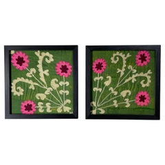 Pair Of 19 Century Antique Silk Suzani Wall Hanging